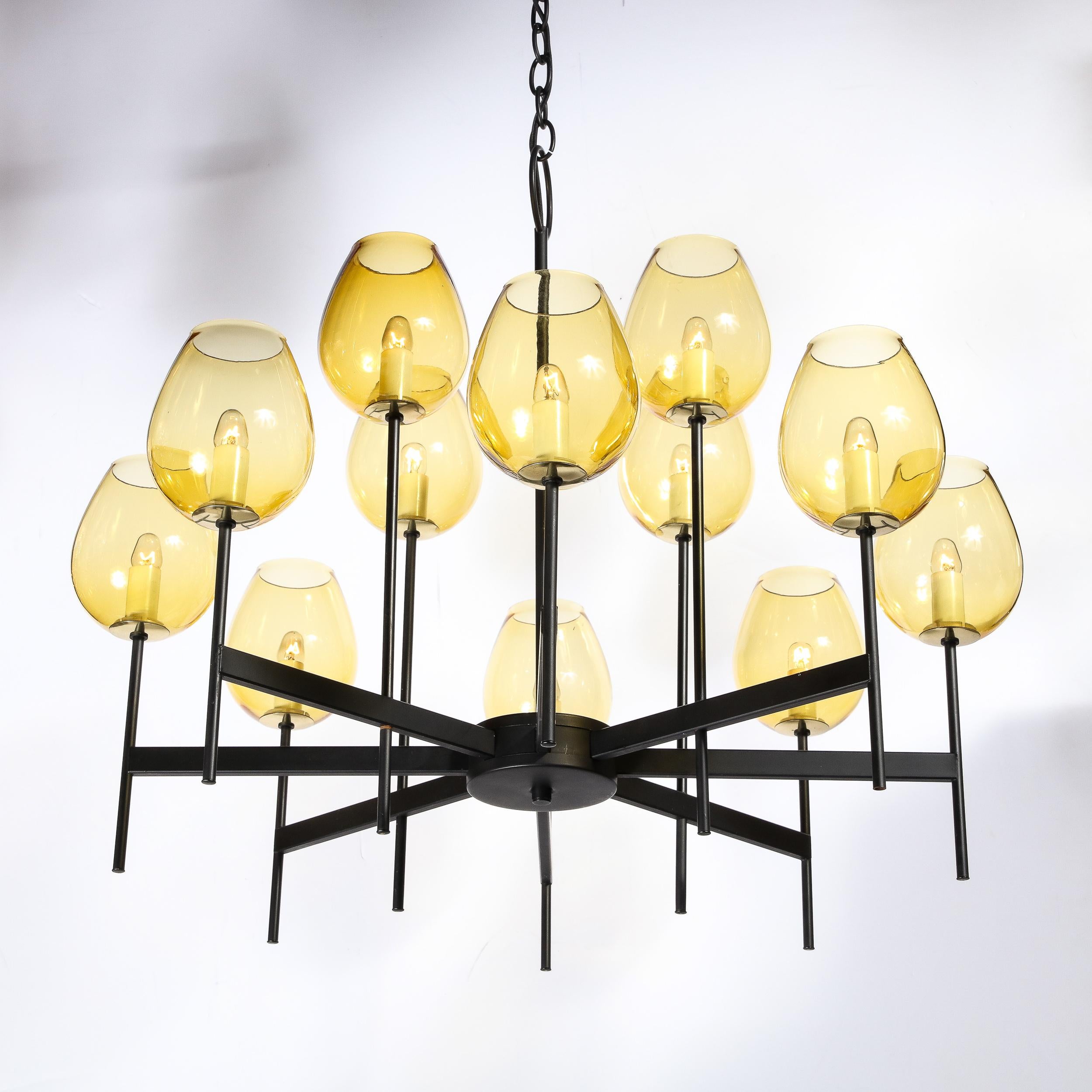 Mid-Century Modernist Eight Arm Smoked Citrine Glass Chandelier by Lightolier For Sale 3