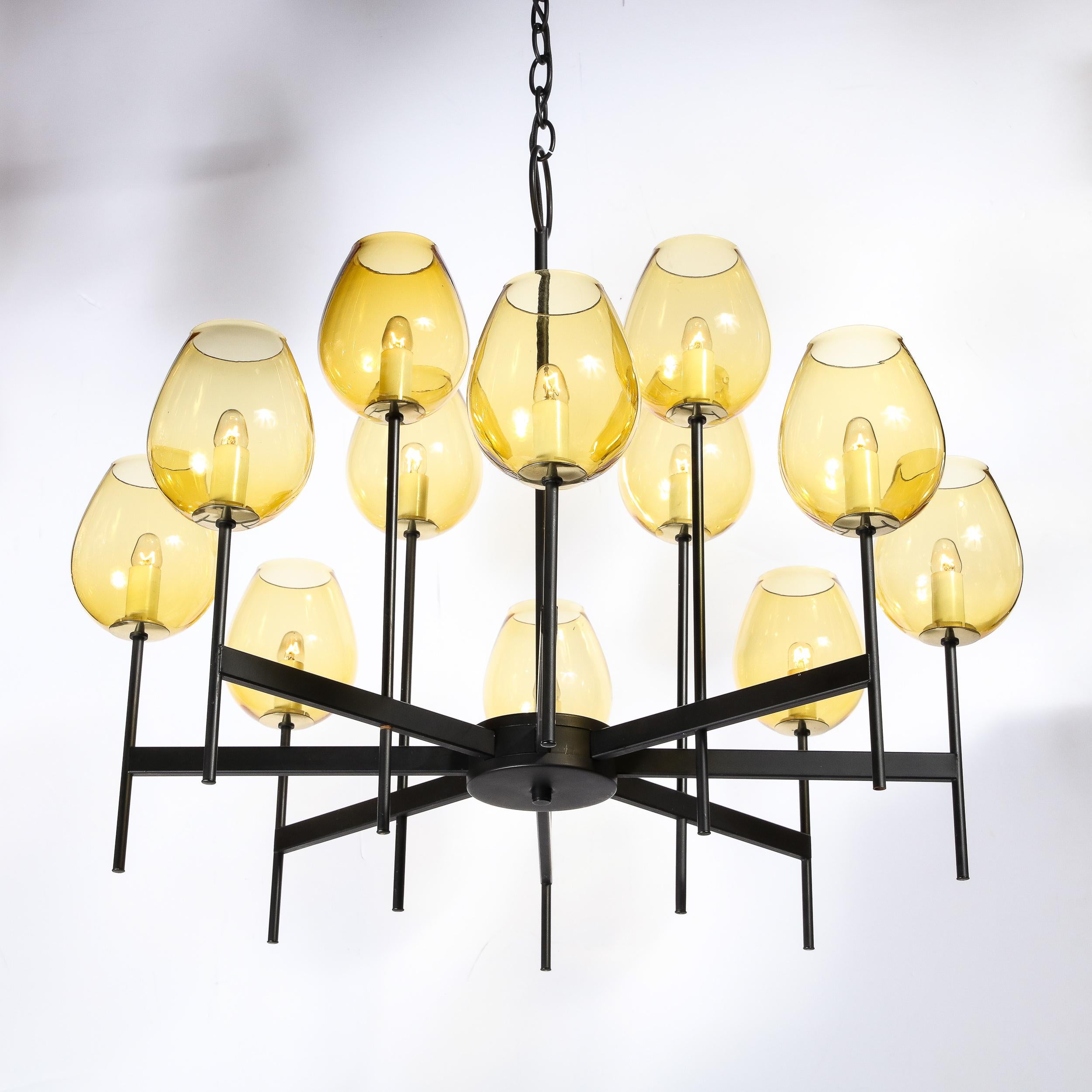 Mid-Century Modernist Eight Arm Smoked Citrine Glass Chandelier by Lightolier 3