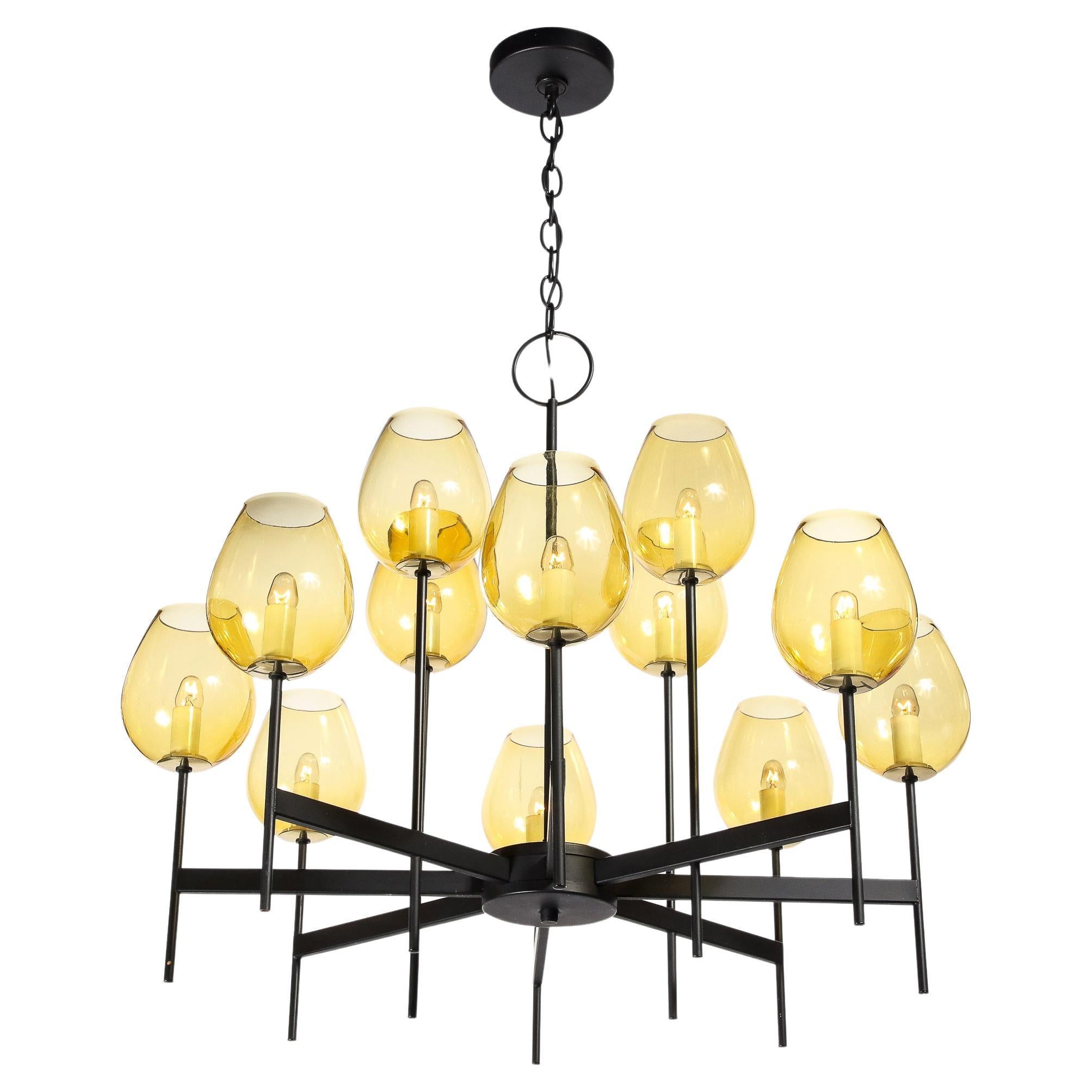 Mid-Century Modernist Eight Arm Smoked Citrine Glass Chandelier by Lightolier For Sale