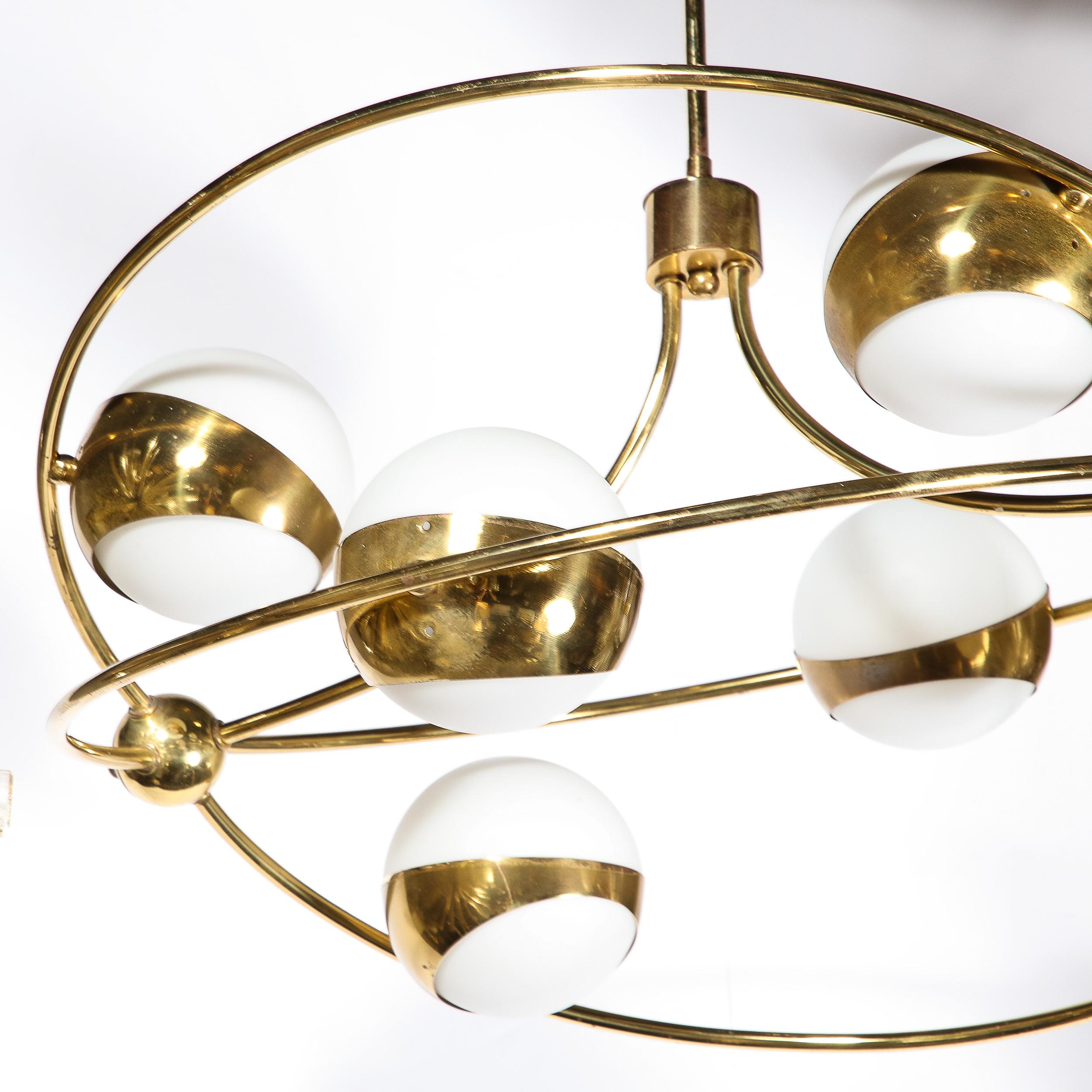 Mid-Century Modernist Elliptical Six Frosted Globe & Brass Stilnovo Chandelier  8