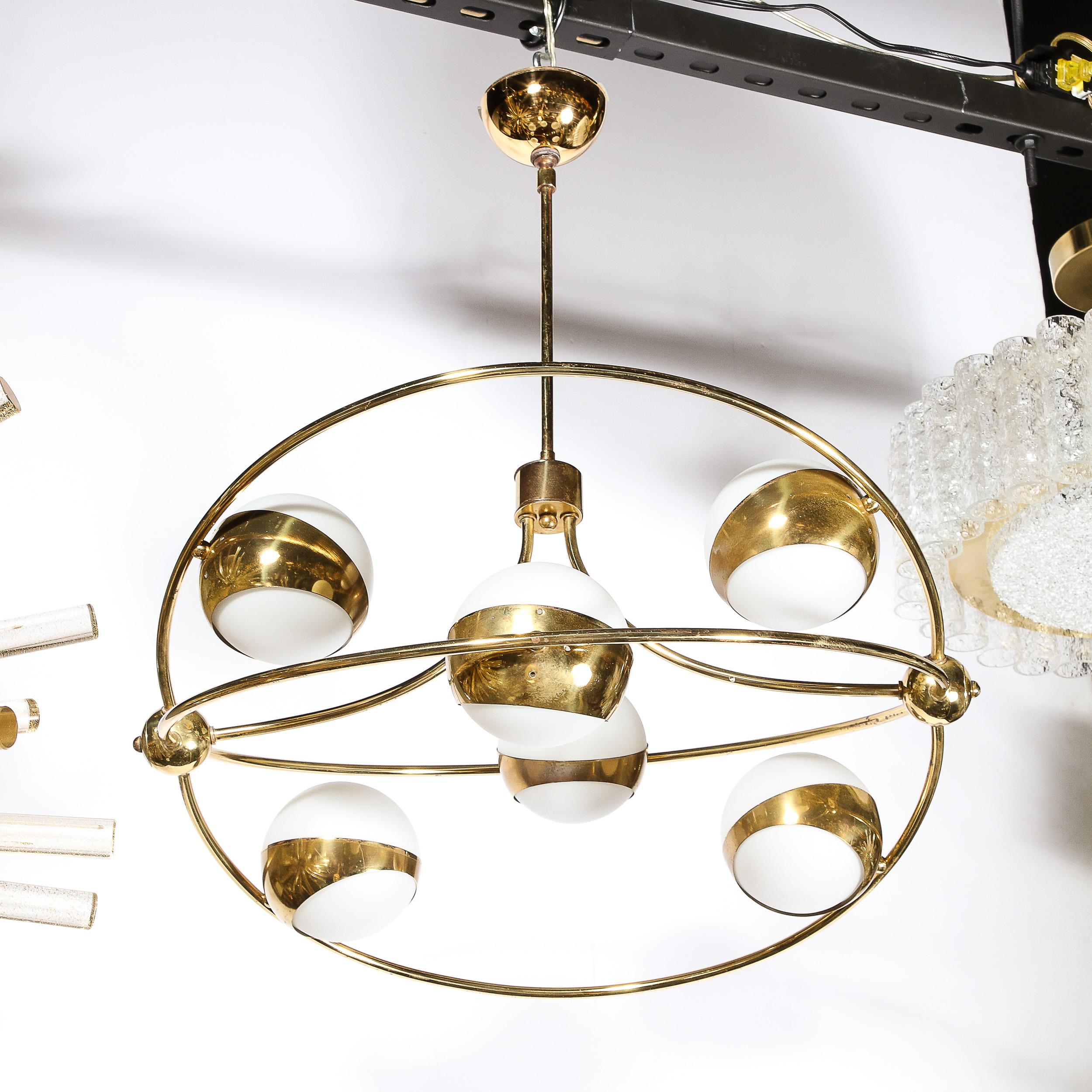 Mid-Century Modernist Elliptical Six Frosted Globe & Brass Stilnovo Chandelier  11