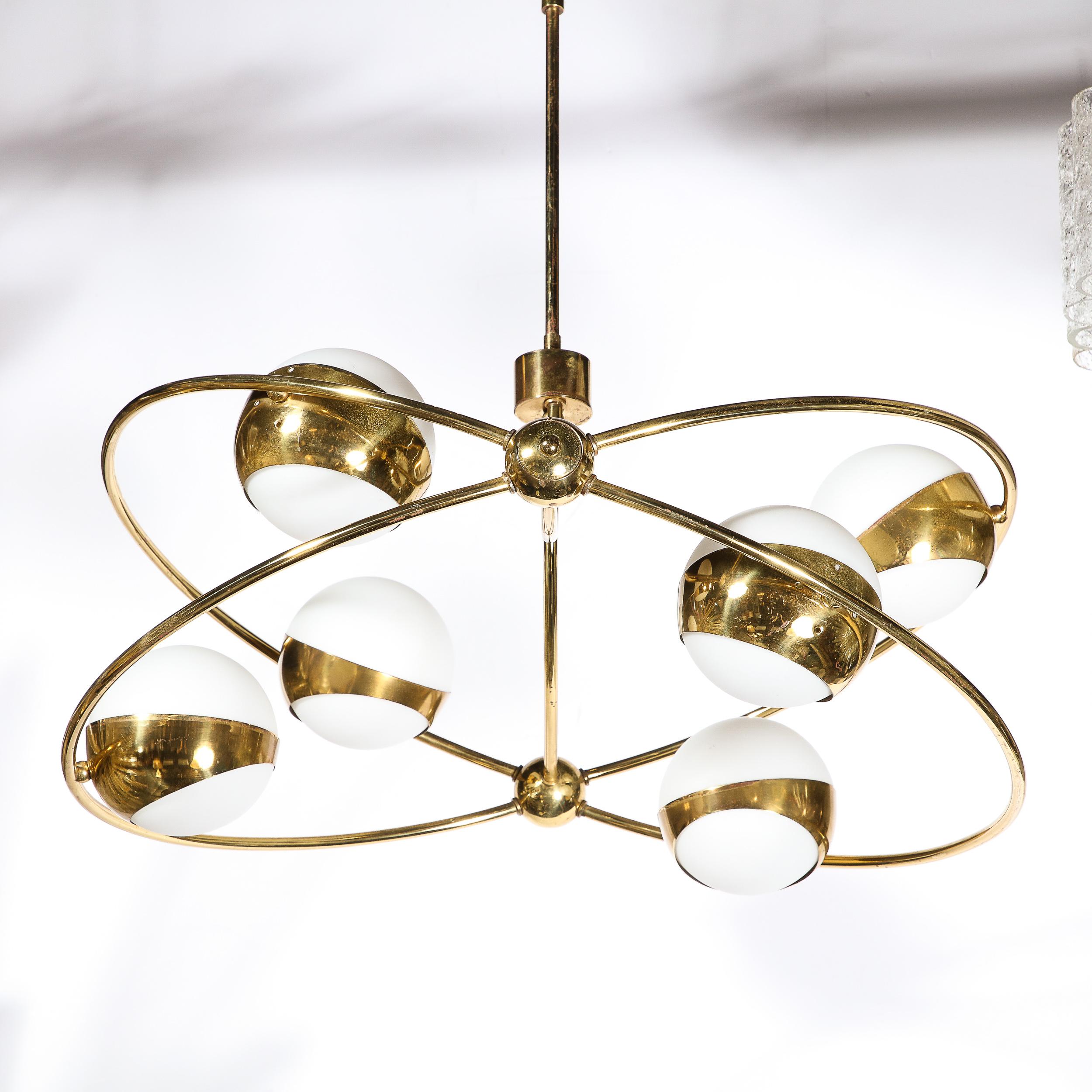 Mid-Century Modernist Elliptical Six Frosted Globe & Brass Stilnovo Chandelier  In Excellent Condition In New York, NY