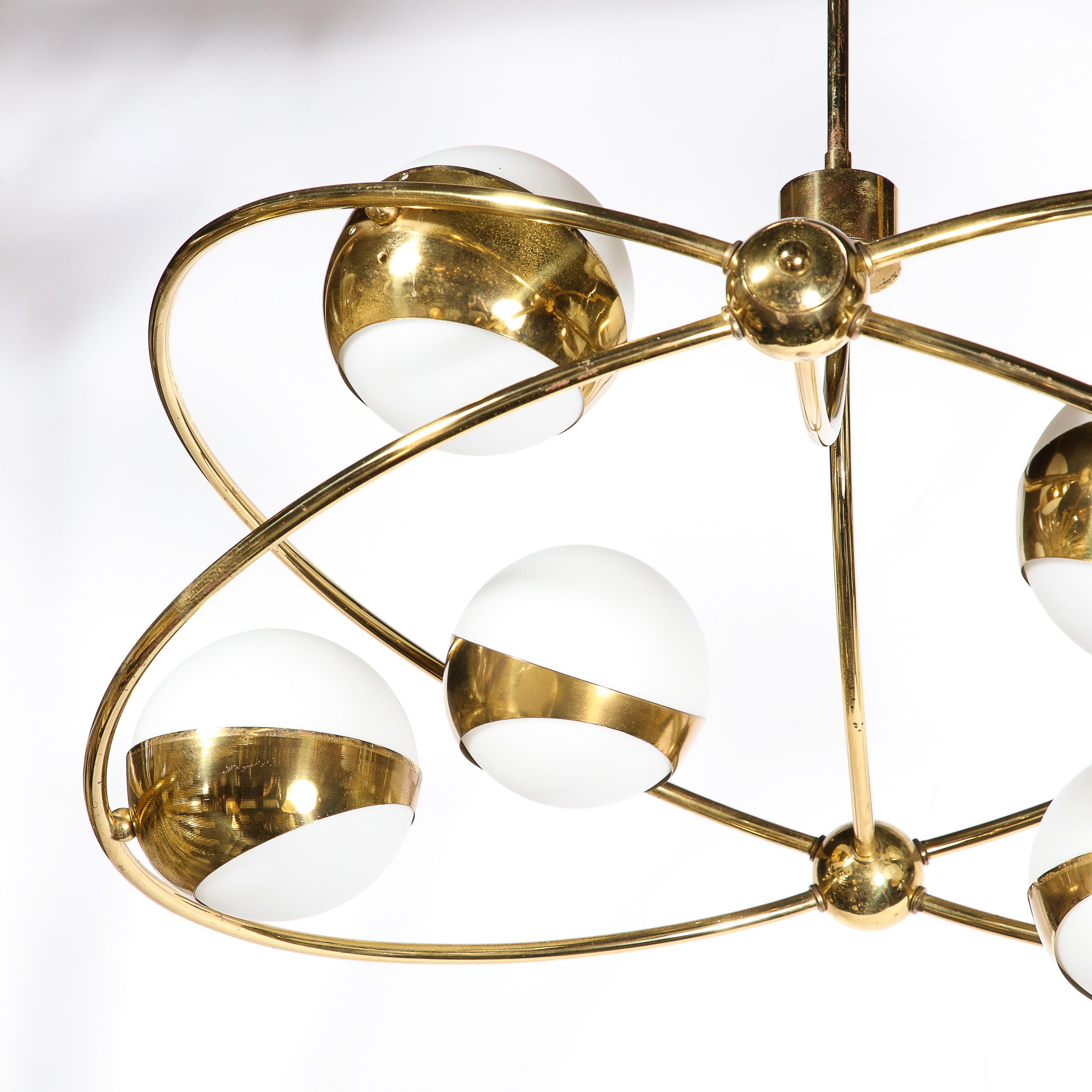 Mid-Century Modernist Elliptical Six Frosted Globe & Brass Stilnovo Chandelier  1