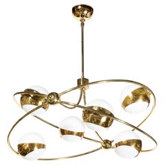 Mid-Century Modernist Elliptical Six Frosted Globe & Brass Stilnovo Chandelier 