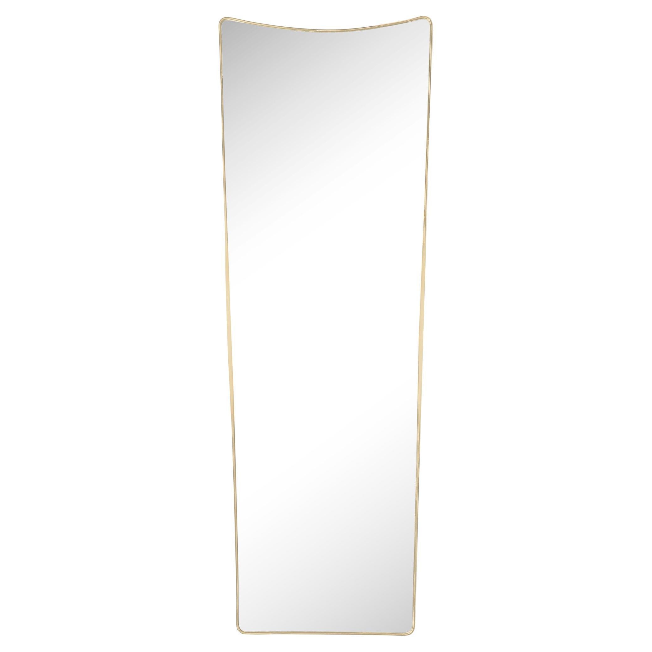 Mid-Century Modernist Elongated Brass Wrapped Mirror with Curved Top Detailing