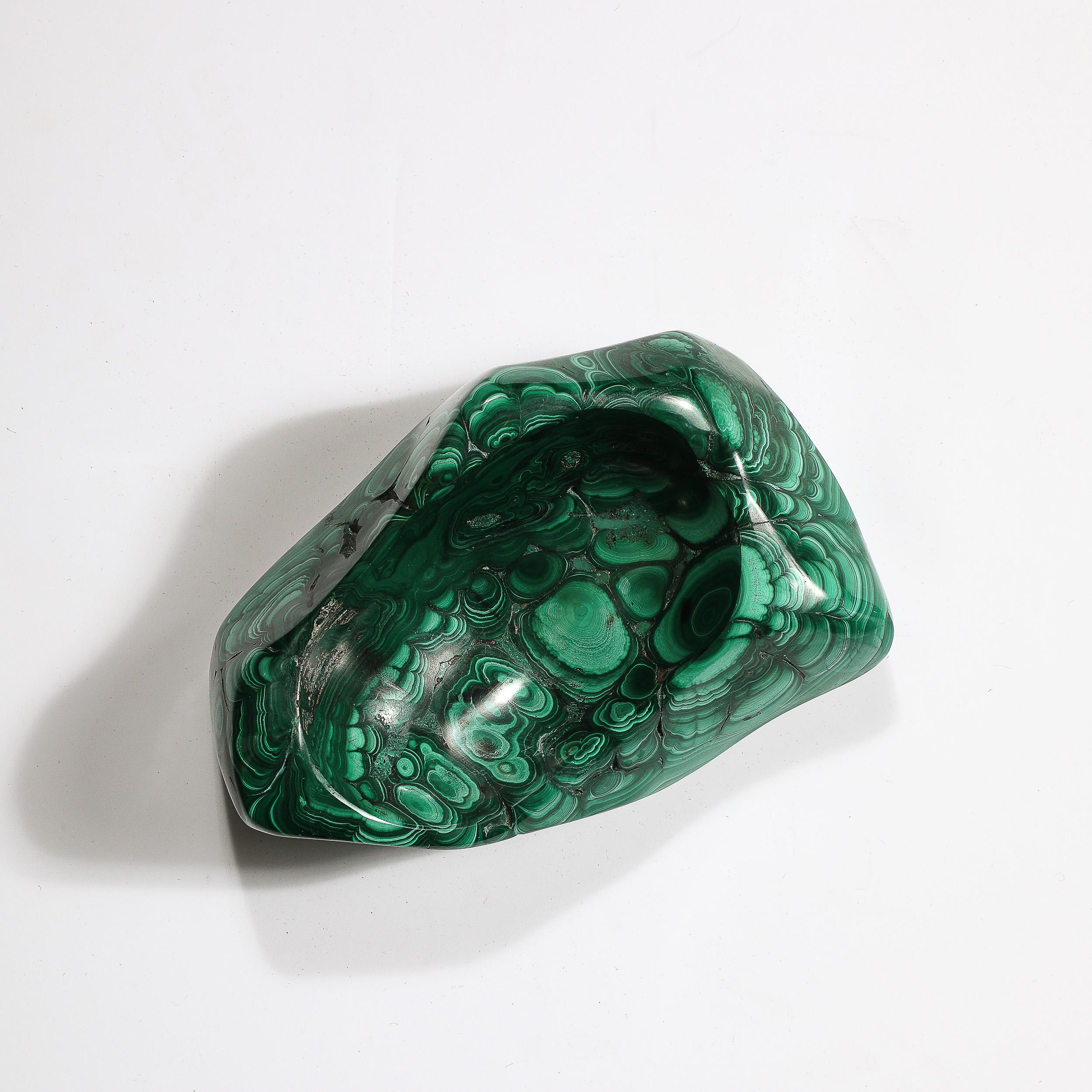 This organically formed and materially exquisite Mid-Century Modernist Malachite Bowl/Ashtray originates from the Russia, Circa 1970. Featuring a well formed basin and polished yet organic rounded forms throughout the entirety of the piece, this