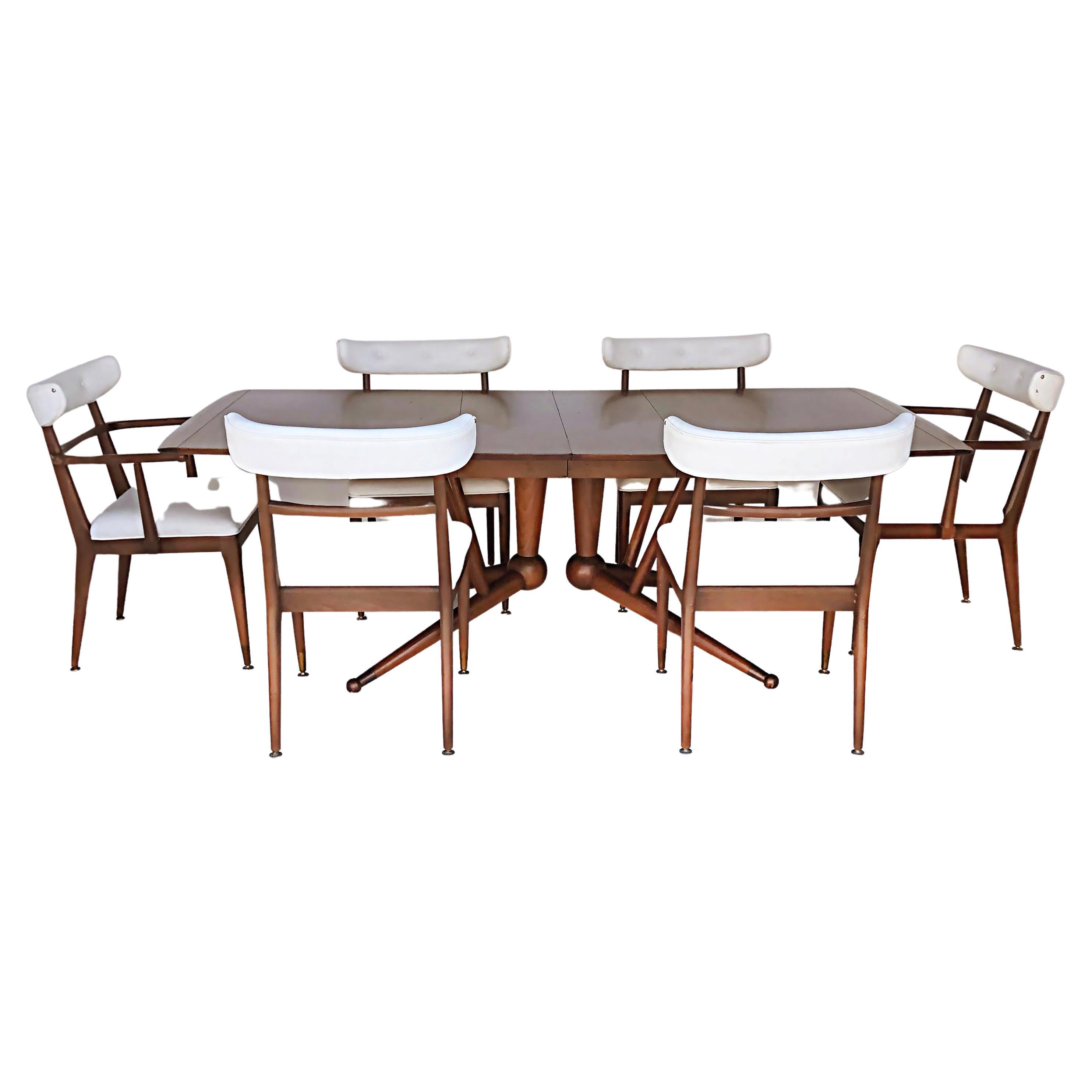 Mesa de comedor extensible modernista de mediados de siglo con el original juego de 6 sillas