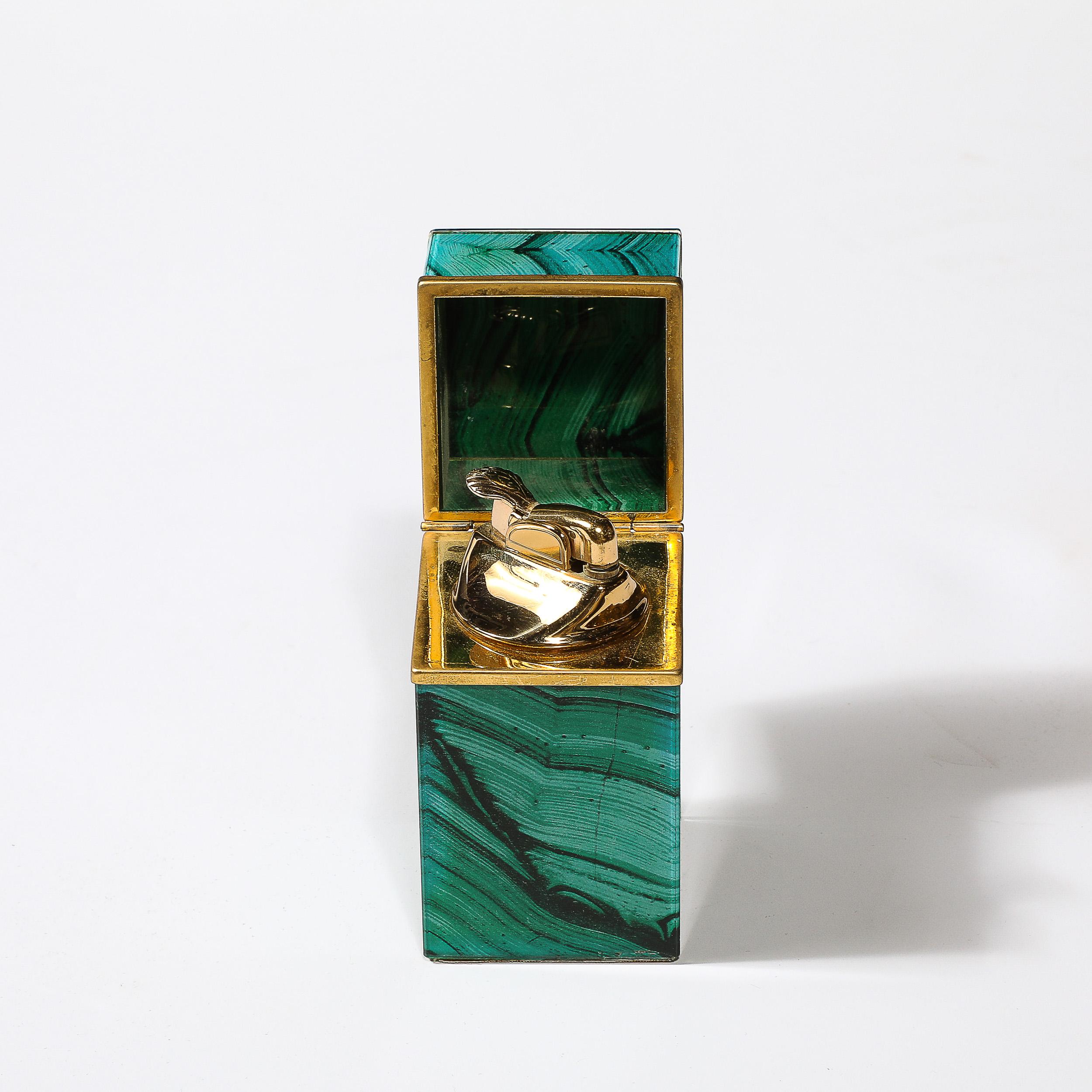 Philippine Mid-Century Modernist Faux Malachite and Brass Table Lighter