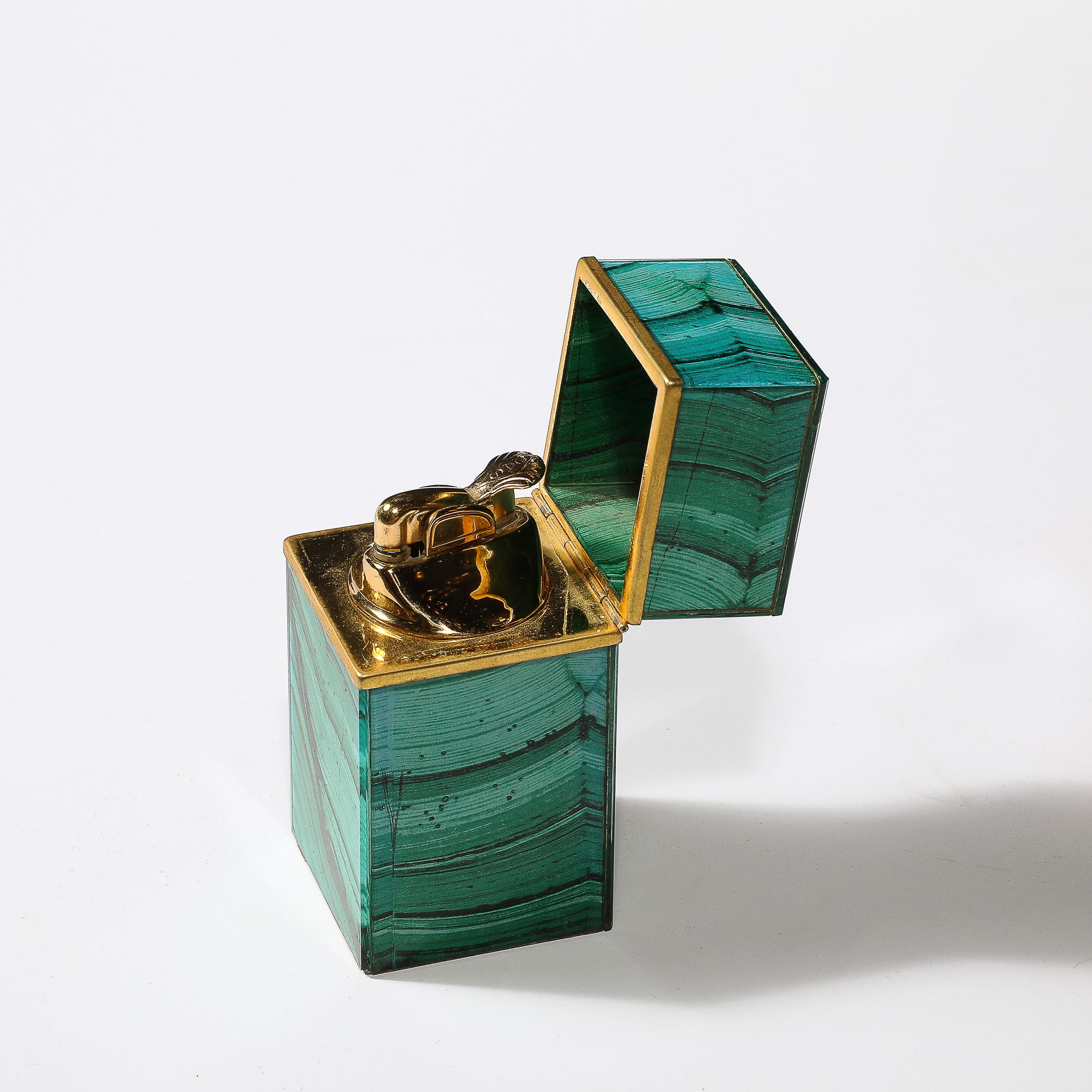 Mid-Century Modernist Faux Malachite and Brass Table Lighter In Excellent Condition In New York, NY