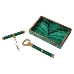 Mid-Century Modernist Faux Malachite & Brass Bottle Opener, Corkscrew & Tray Set