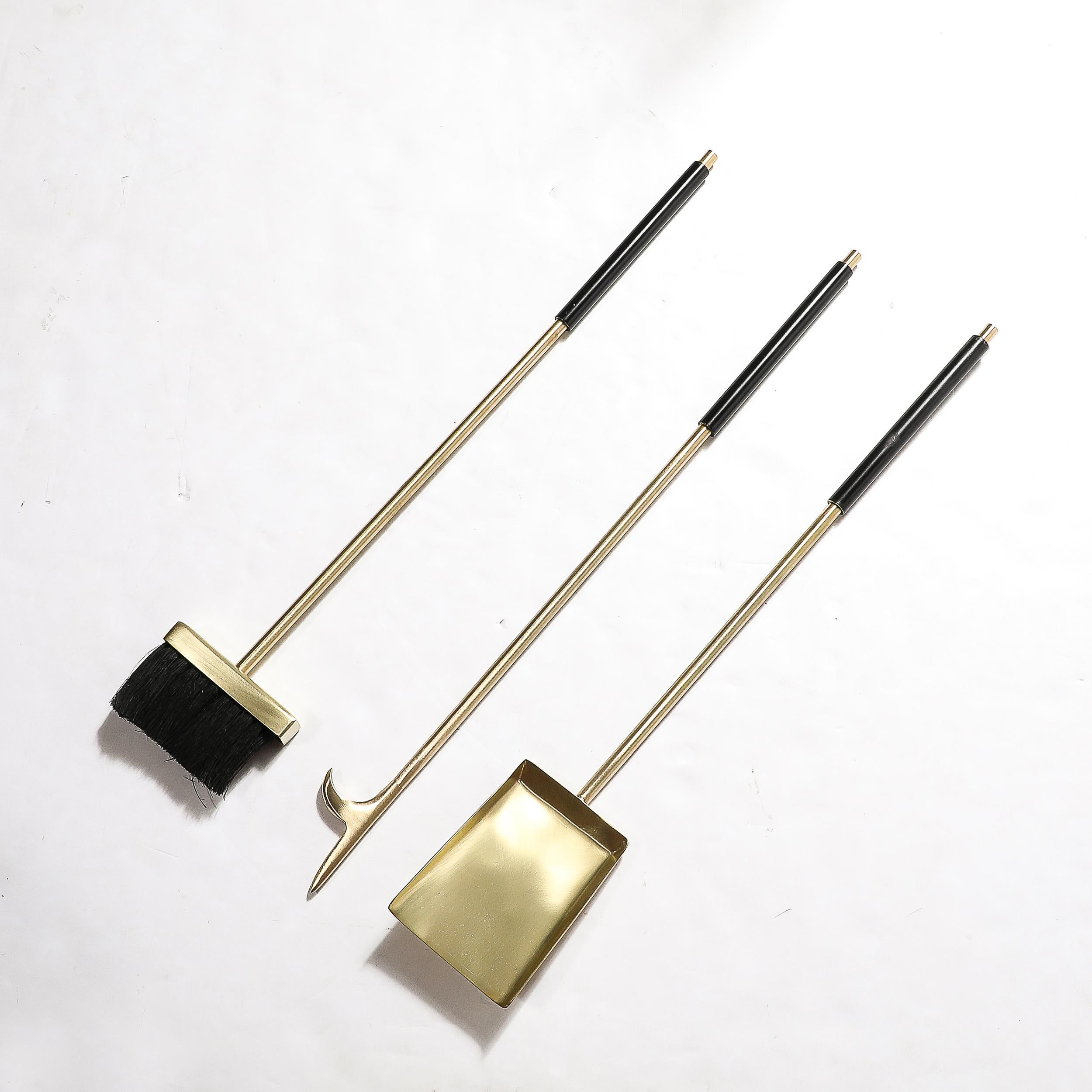 Set di attrezzi da fuoco modernisti del metà secolo in ottone spazzolato e smalto nero in vendita 4
