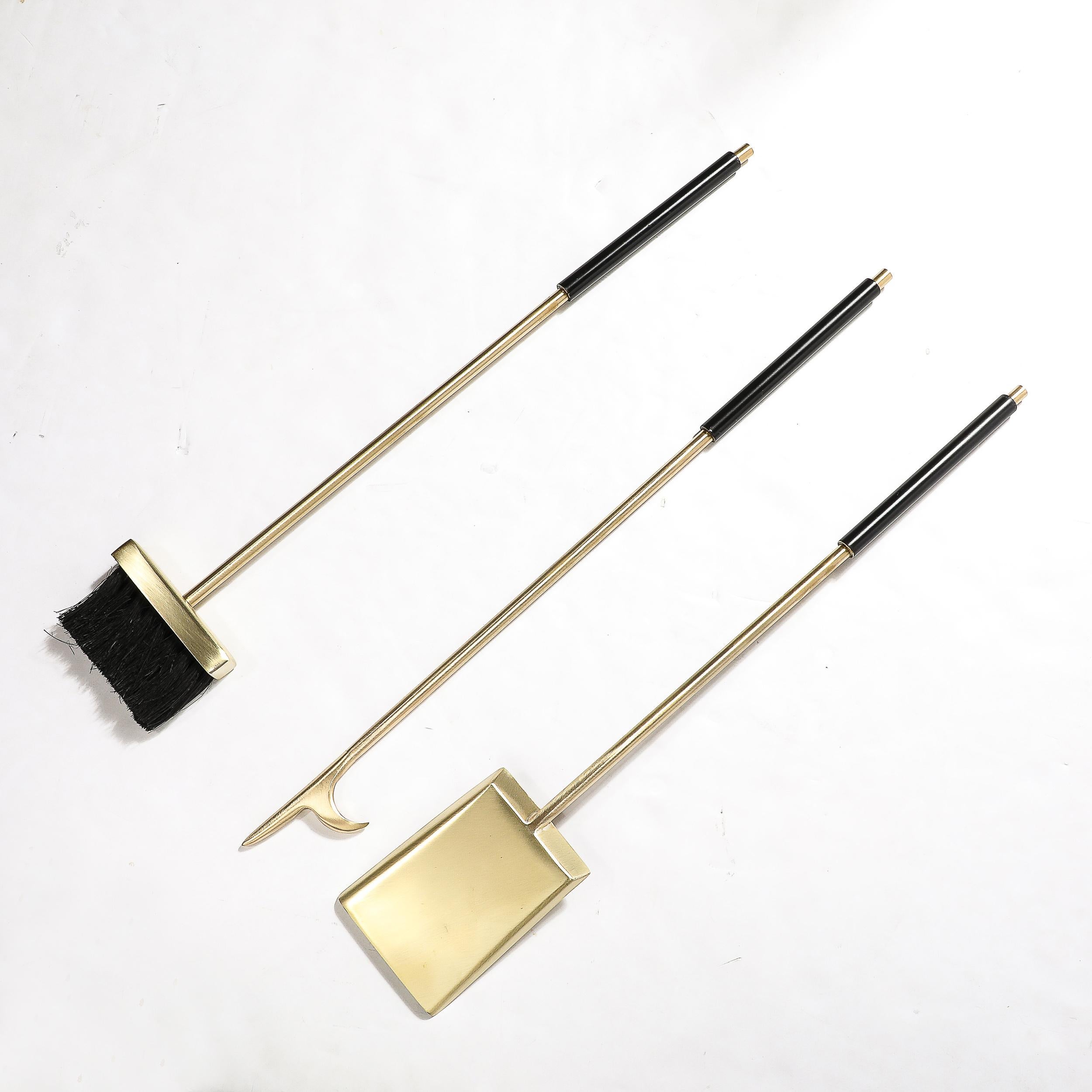 Set di attrezzi da fuoco modernisti del metà secolo in ottone spazzolato e smalto nero in vendita 5