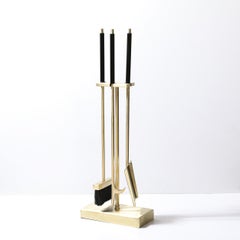 Mid-Century Modernist Fire Tool Set in Brushed Brass and Black Enamel