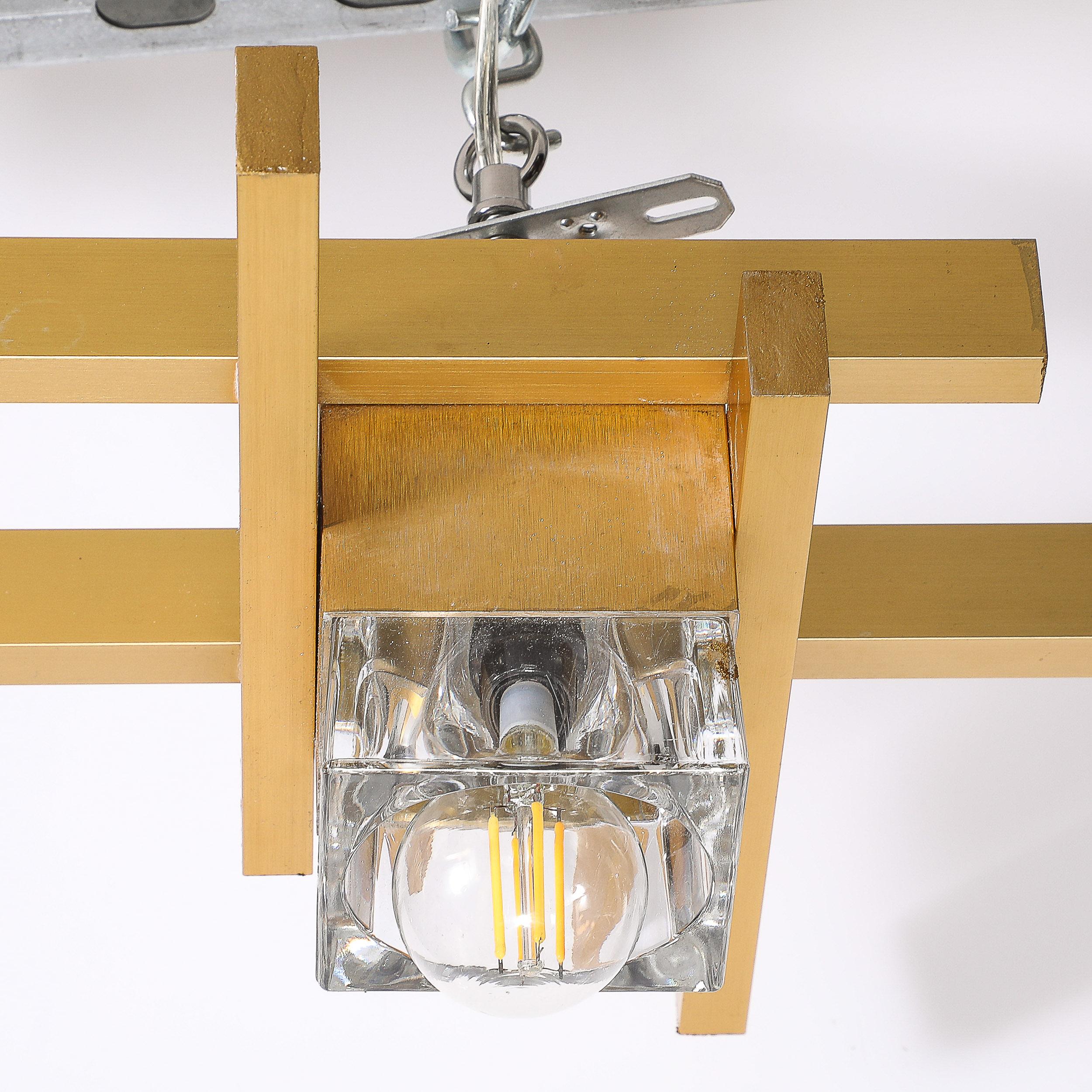 Mid-Century Modernist Flush Mount Brass and Cubed Glass Fixture by Sciolari 5