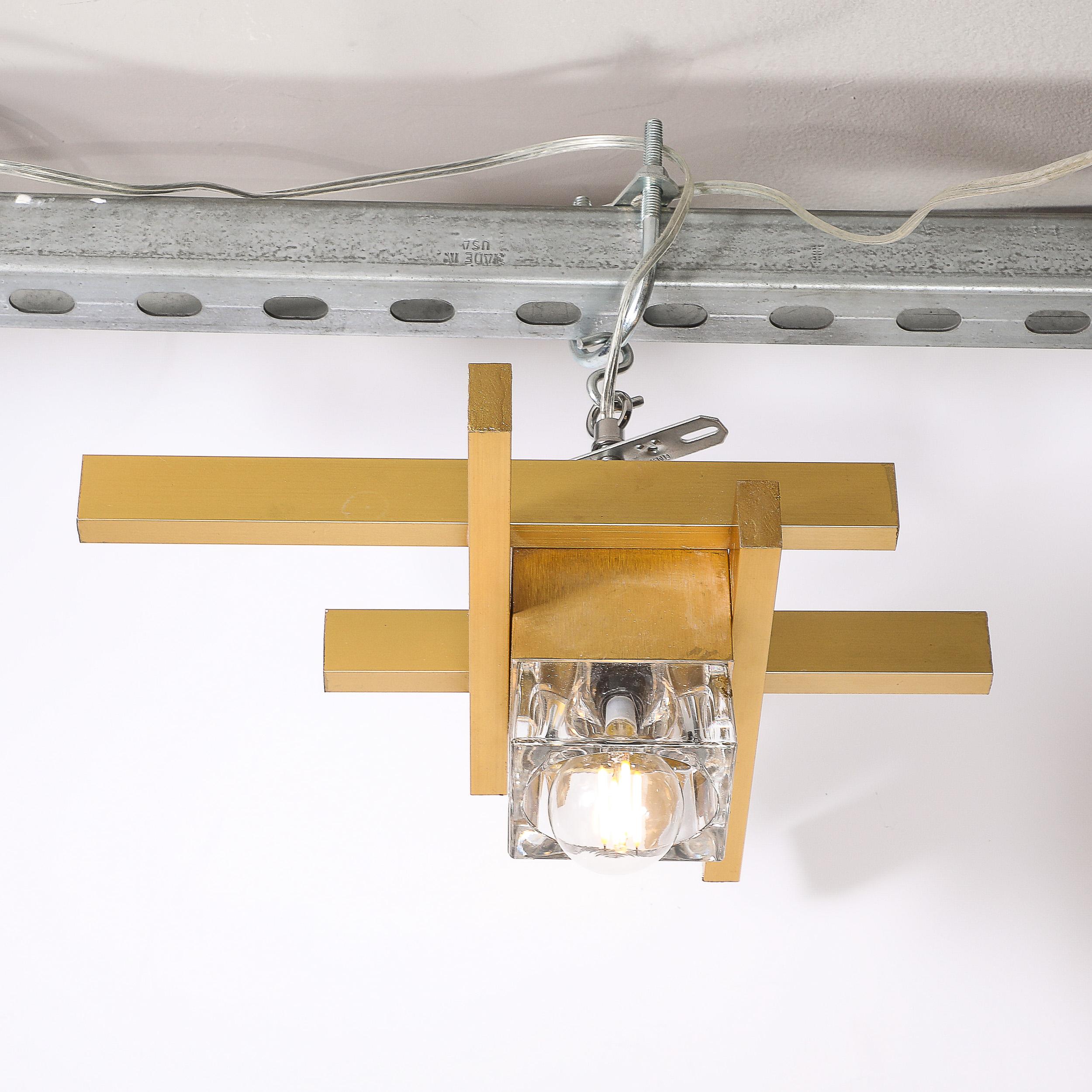 Mid-Century Modernist Flush Mount Brass and Cubed Glass Fixture by Sciolari In Excellent Condition In New York, NY