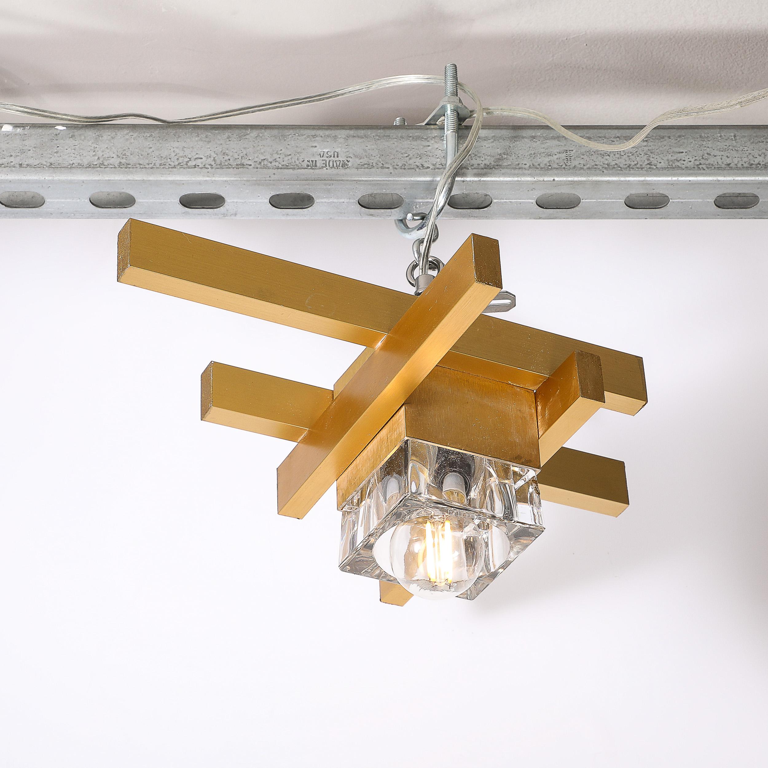 Late 20th Century Mid-Century Modernist Flush Mount Brass and Cubed Glass Fixture by Sciolari