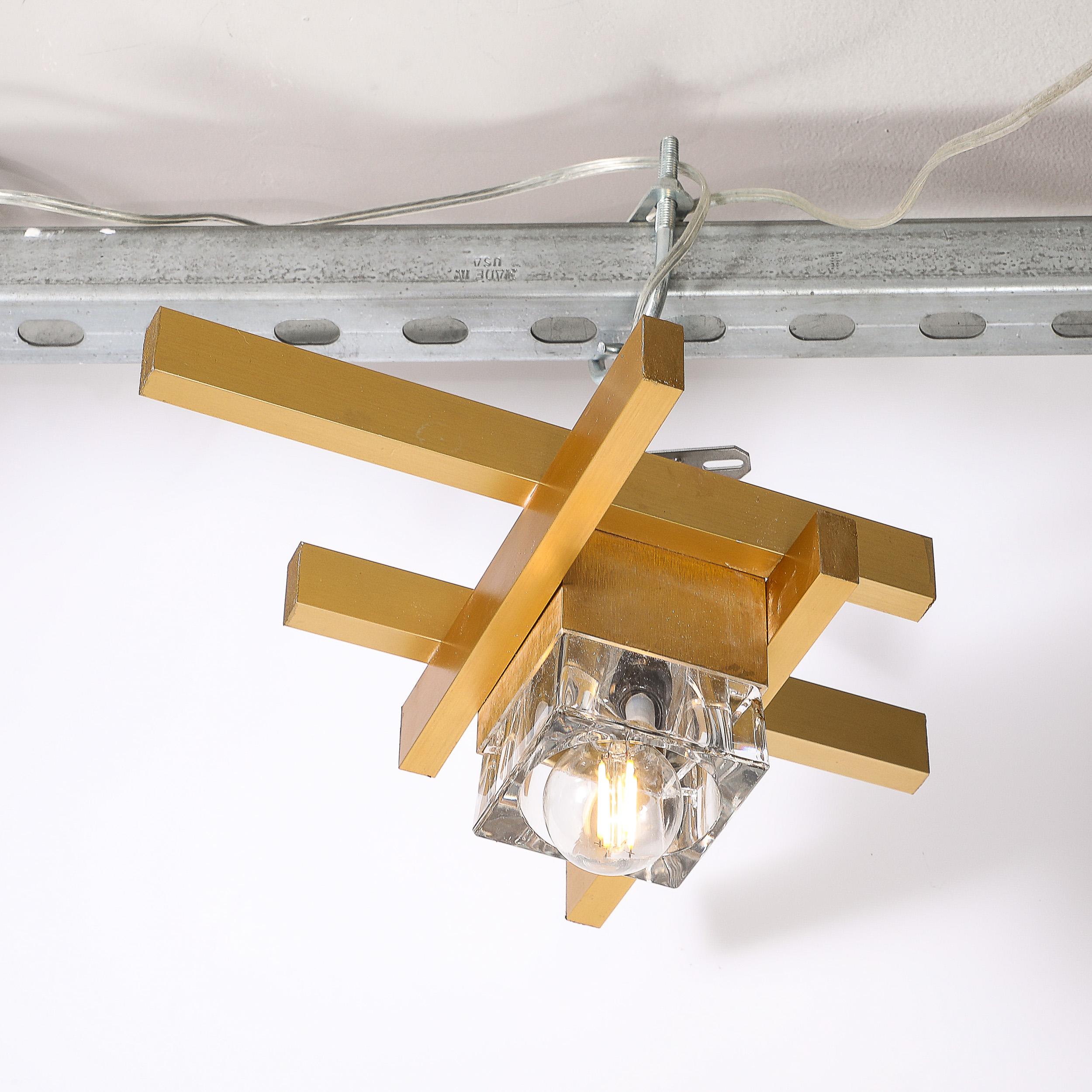 Mid-Century Modernist Flush Mount Brass and Cubed Glass Fixture by Sciolari 1