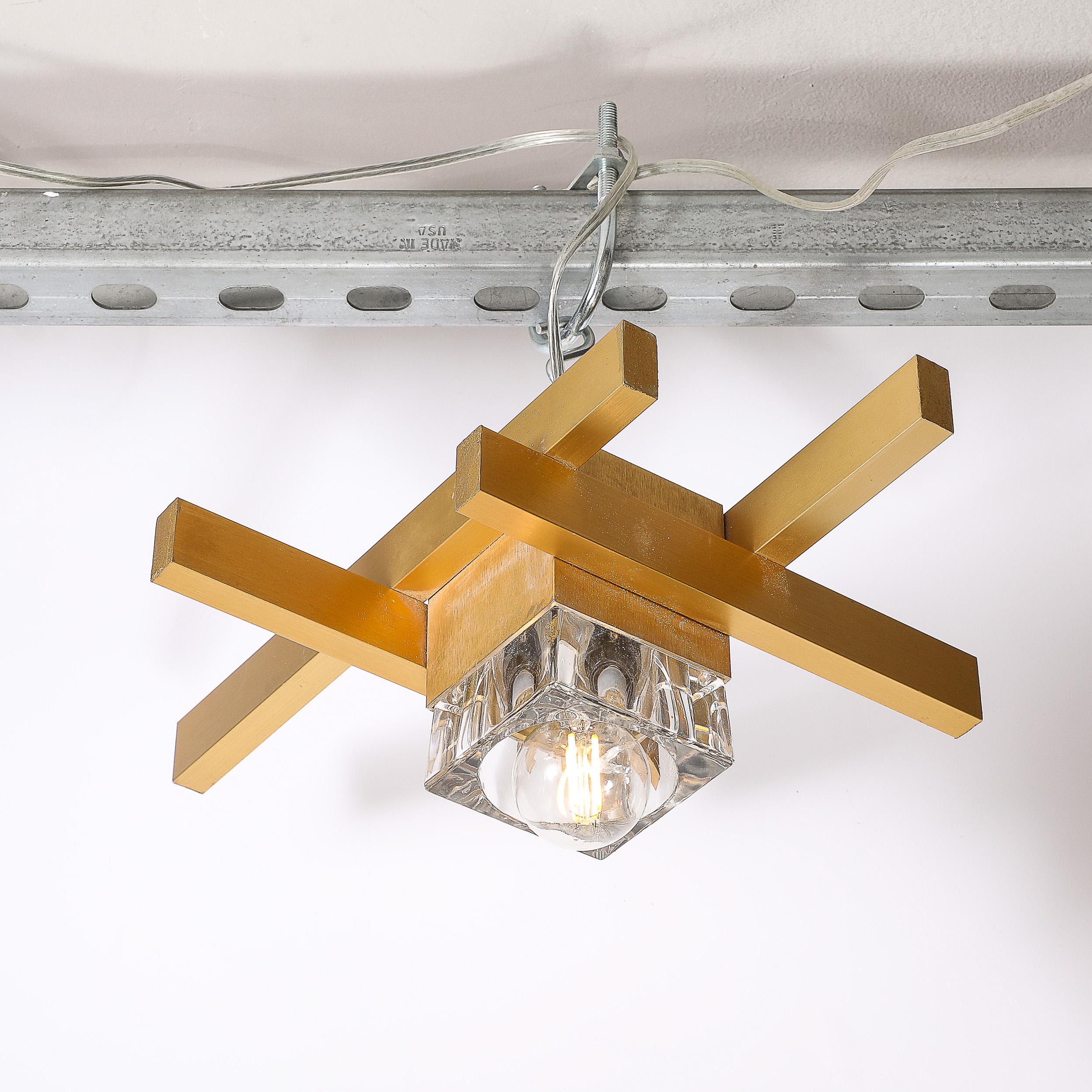 Mid-Century Modernist Flush Mount Brass and Cubed Glass Fixture by Sciolari 2