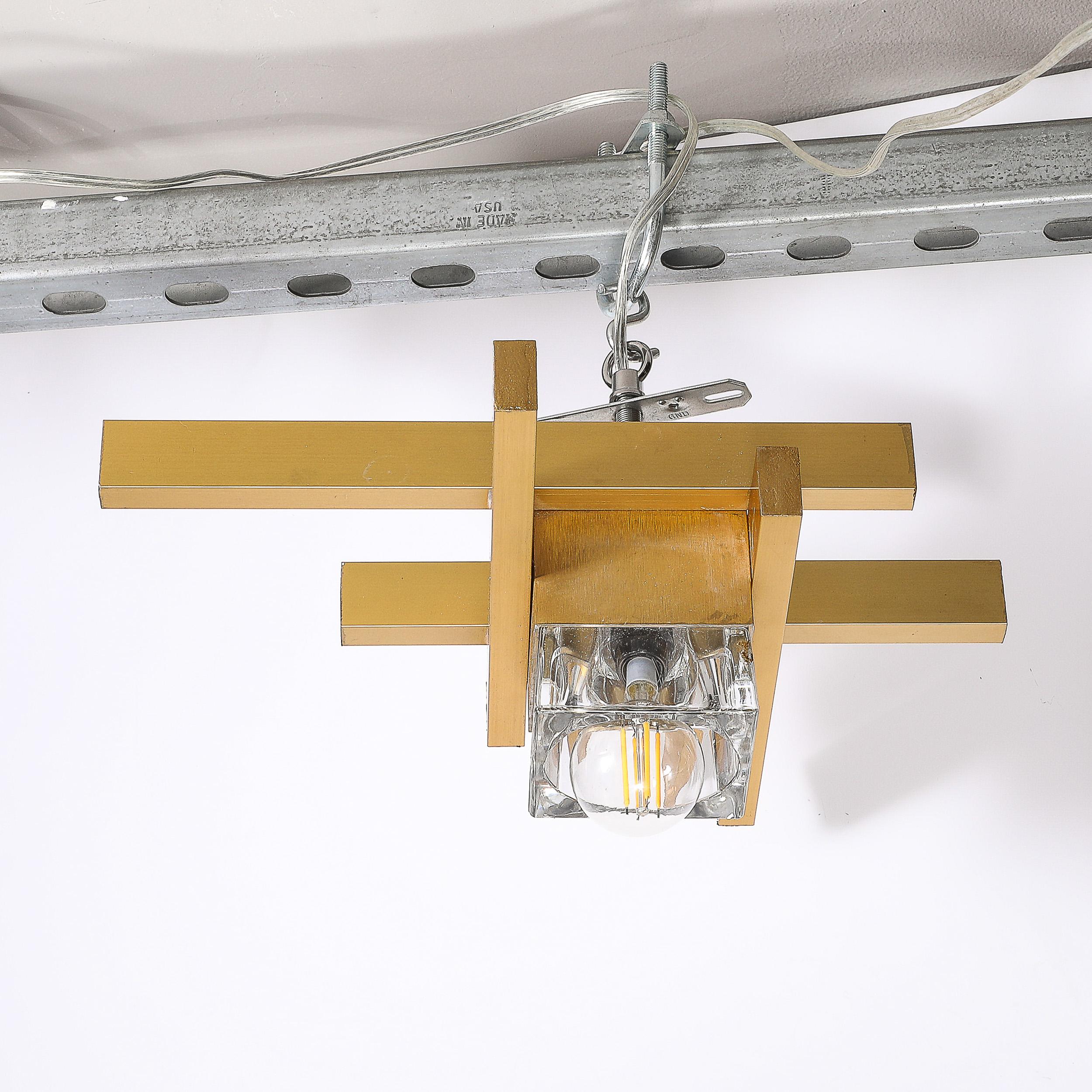 Mid-Century Modernist Flush Mount Brass and Cubed Glass Fixture by Sciolari 3