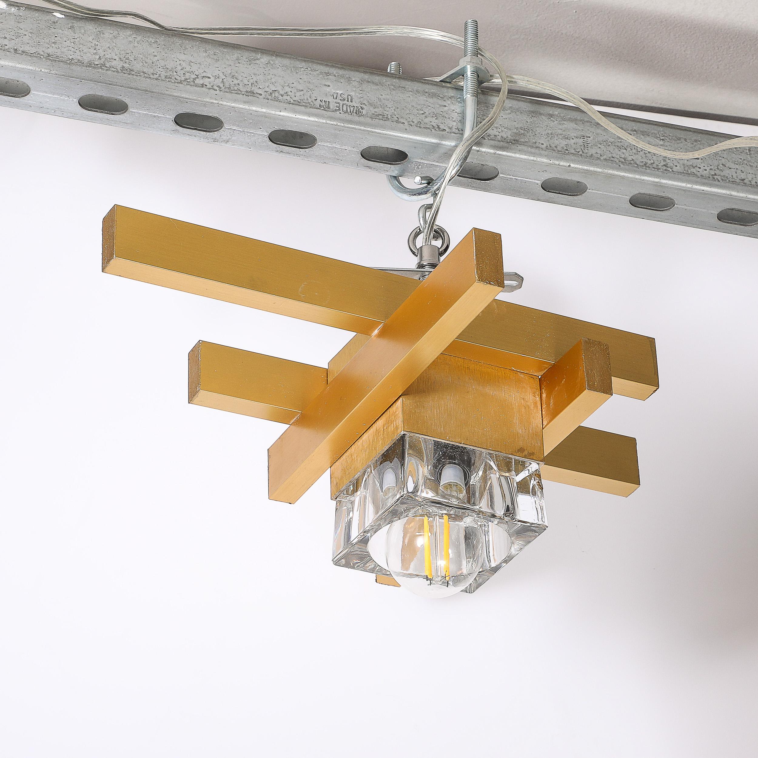 Mid-Century Modernist Flush Mount Brass and Cubed Glass Fixture by Sciolari 4