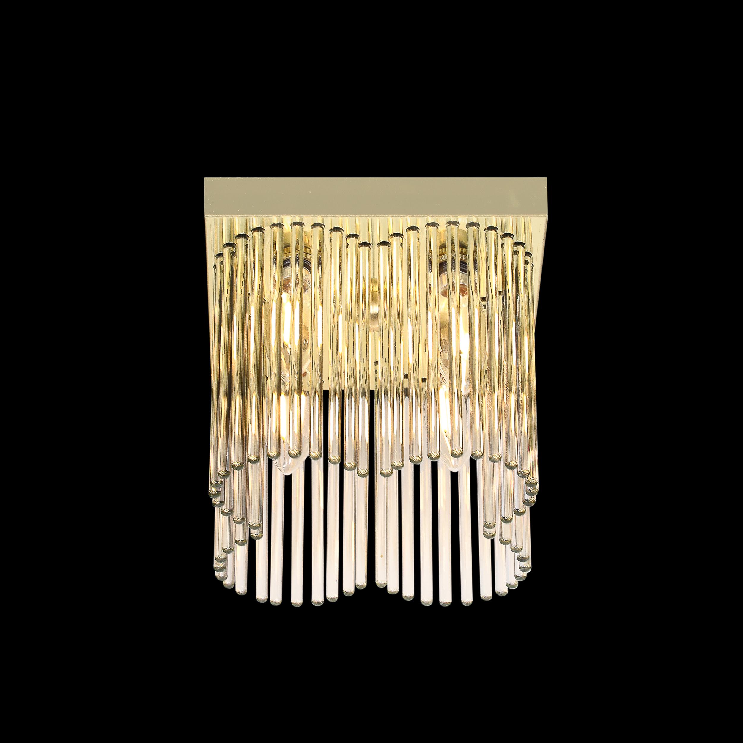 This serene and carefully scaled Mid-Century Modernist Flush Mount Chandelier in Brass and Glass Rods is by Lightolier and originates form the United States, Circa 1970. Features a square polished brass frame from which descend an array of tightly