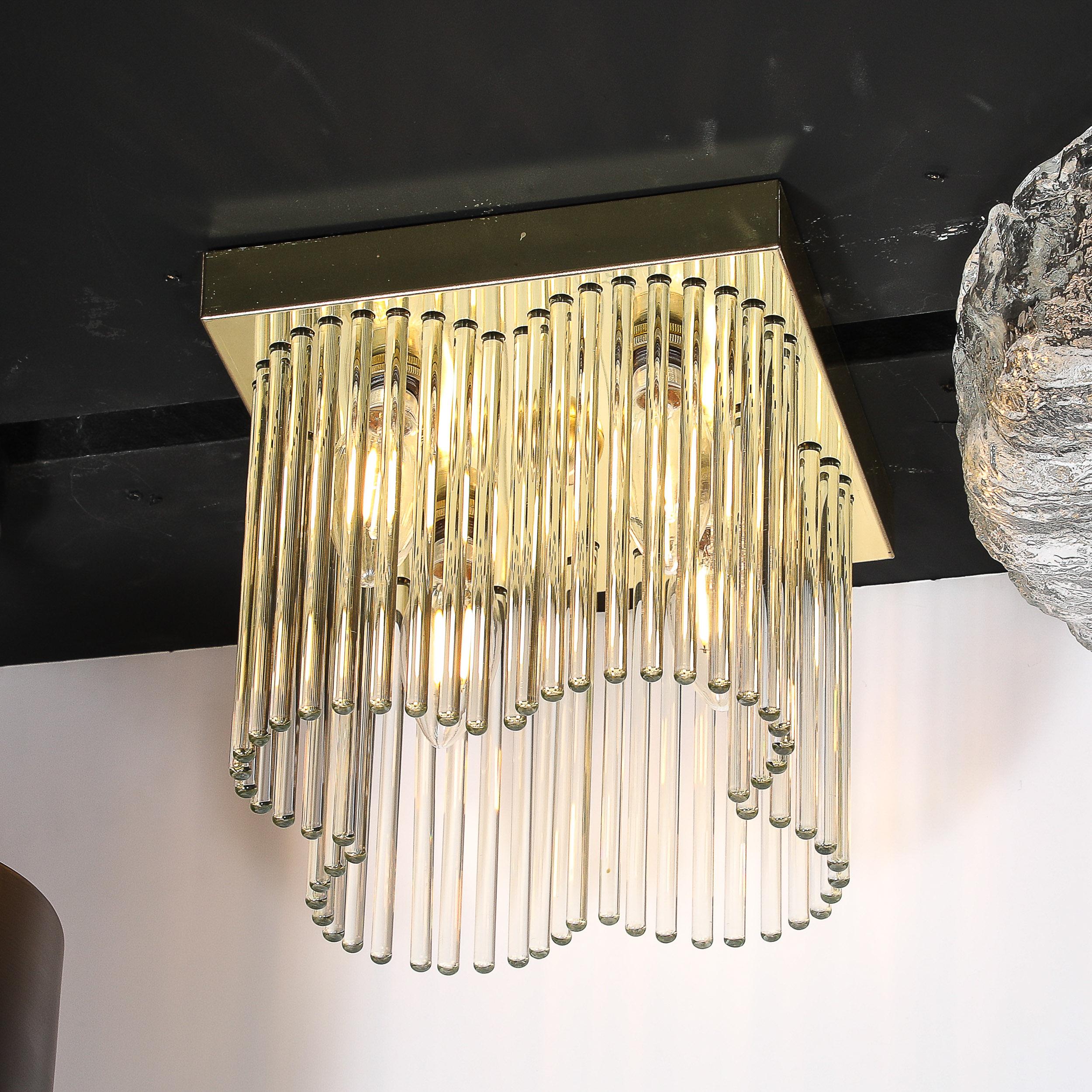 American Mid-Century Modernist Flush Mount Chandelier in Brass and Glass Rods Lightolier