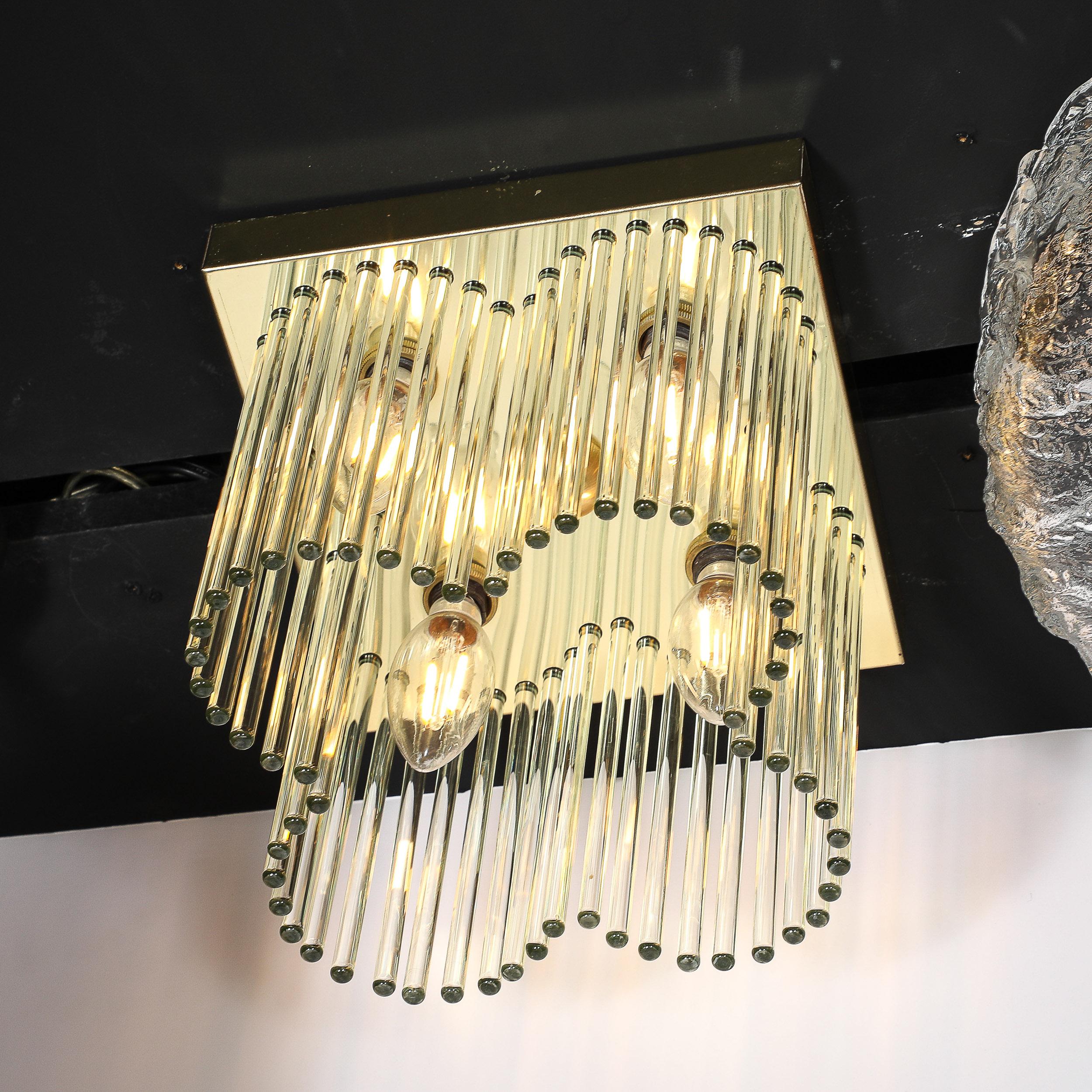 Mid-Century Modernist Flush Mount Chandelier in Brass and Glass Rods Lightolier In Excellent Condition In New York, NY