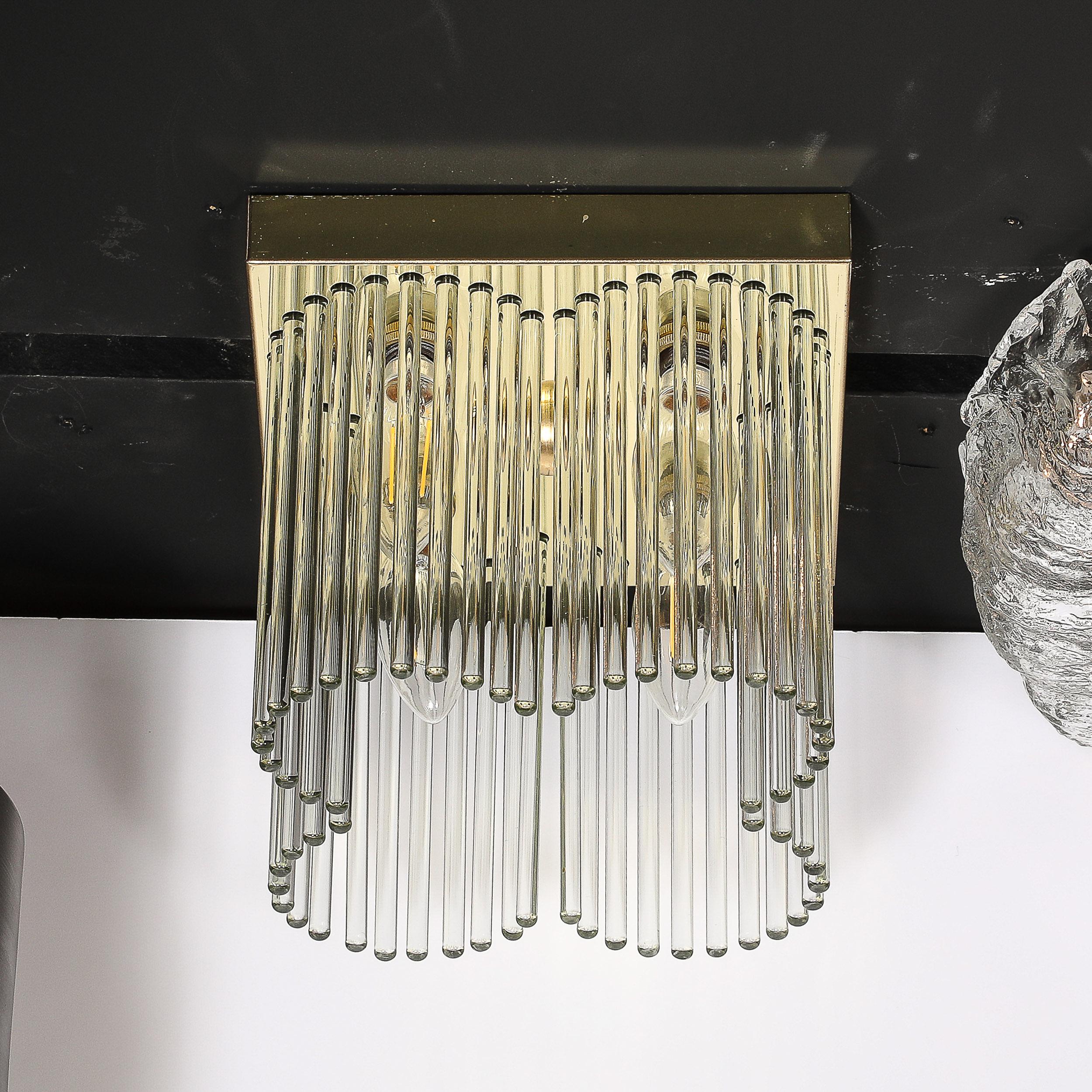 Late 20th Century Mid-Century Modernist Flush Mount Chandelier in Brass and Glass Rods Lightolier