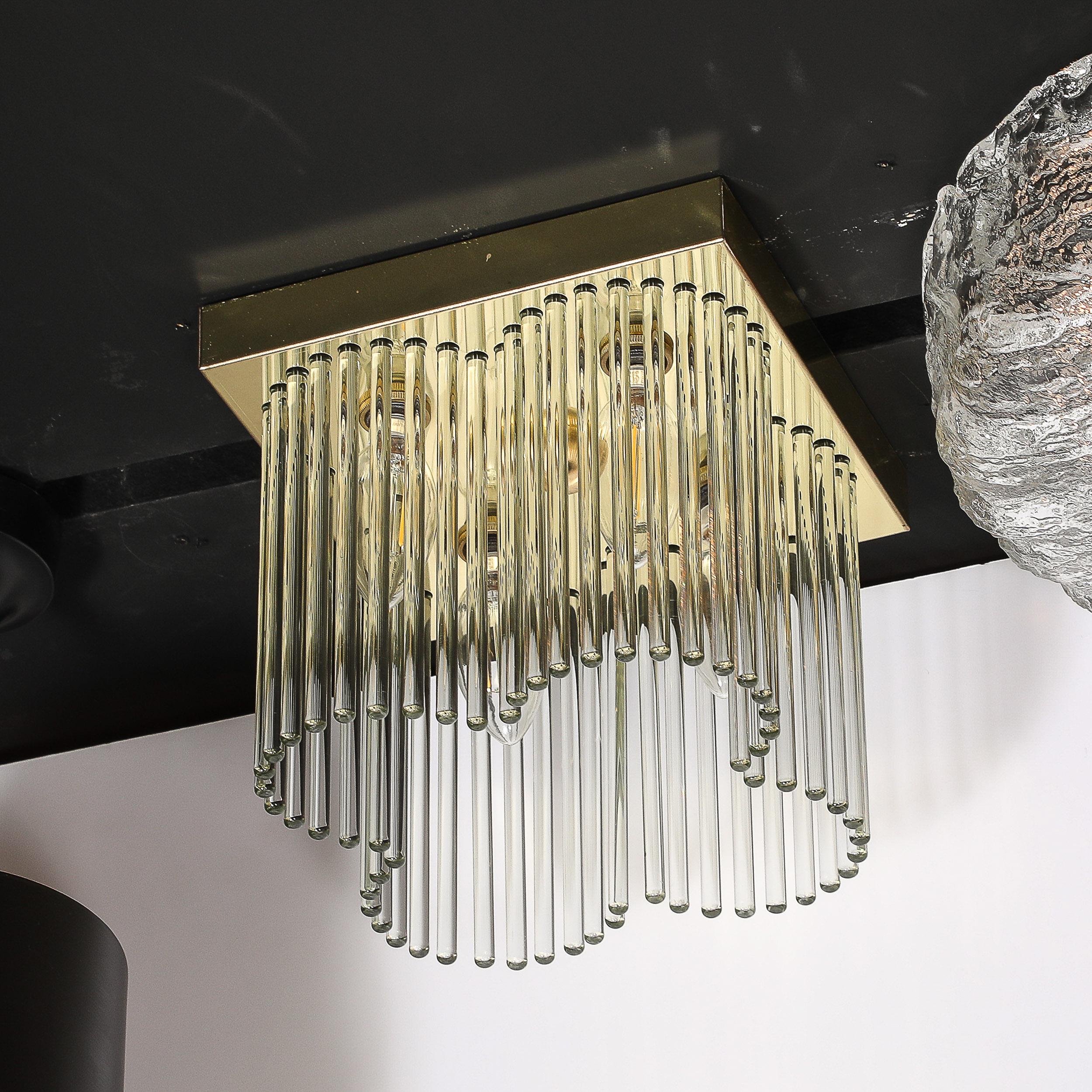 Mid-Century Modernist Flush Mount Chandelier in Brass and Glass Rods Lightolier 1