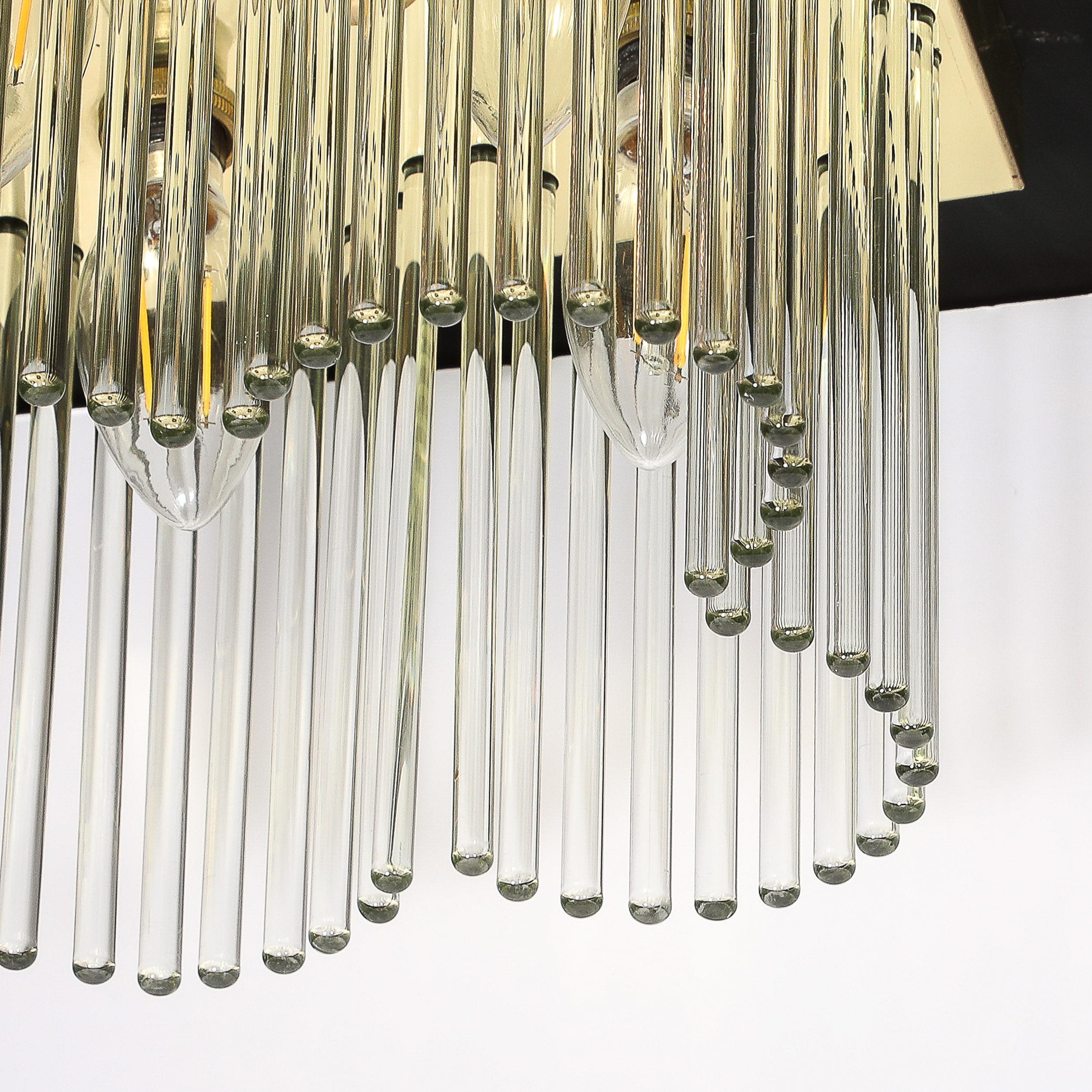 Mid-Century Modernist Flush Mount Chandelier in Brass and Glass Rods Lightolier 2