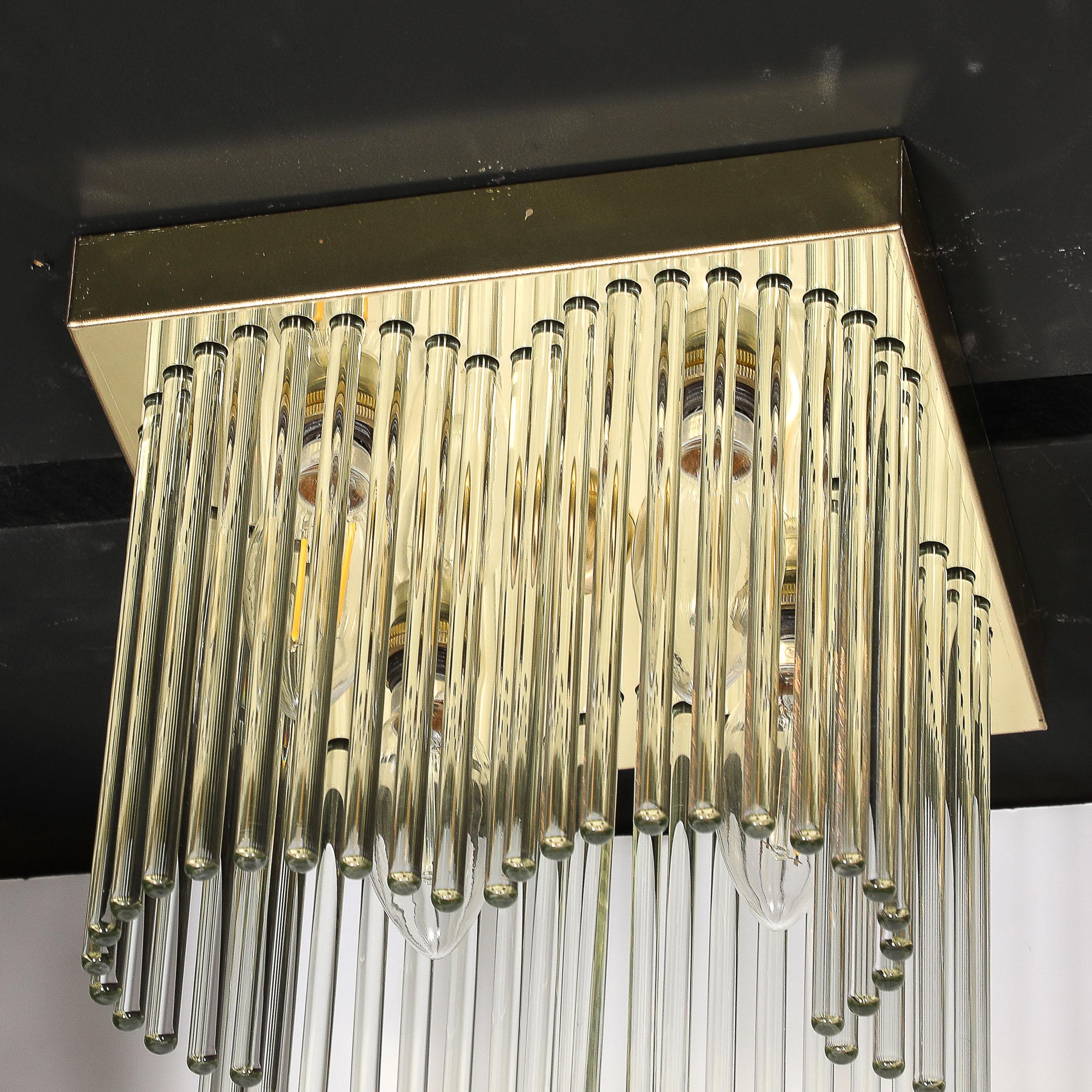 Mid-Century Modernist Flush Mount Chandelier in Brass and Glass Rods Lightolier 3