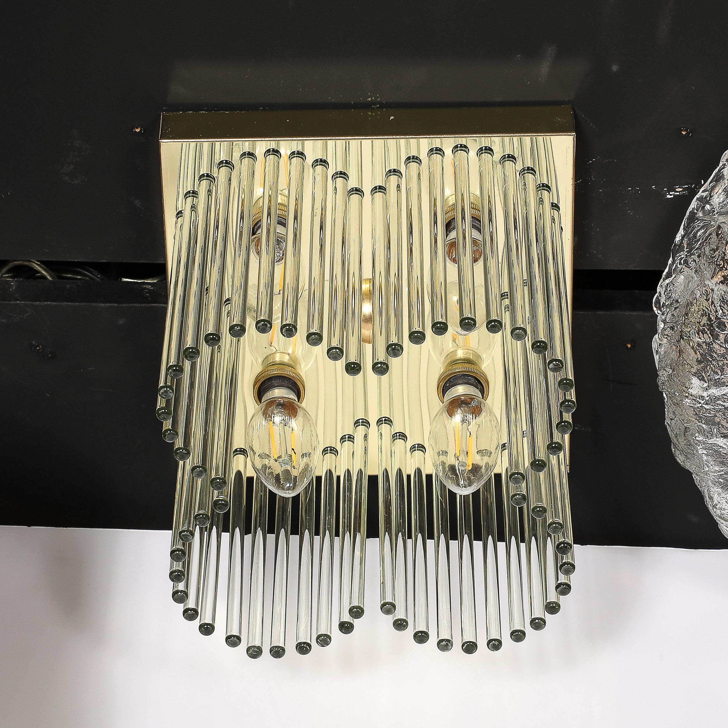 Mid-Century Modernist Flush Mount Chandelier in Brass and Glass Rods Lightolier 4