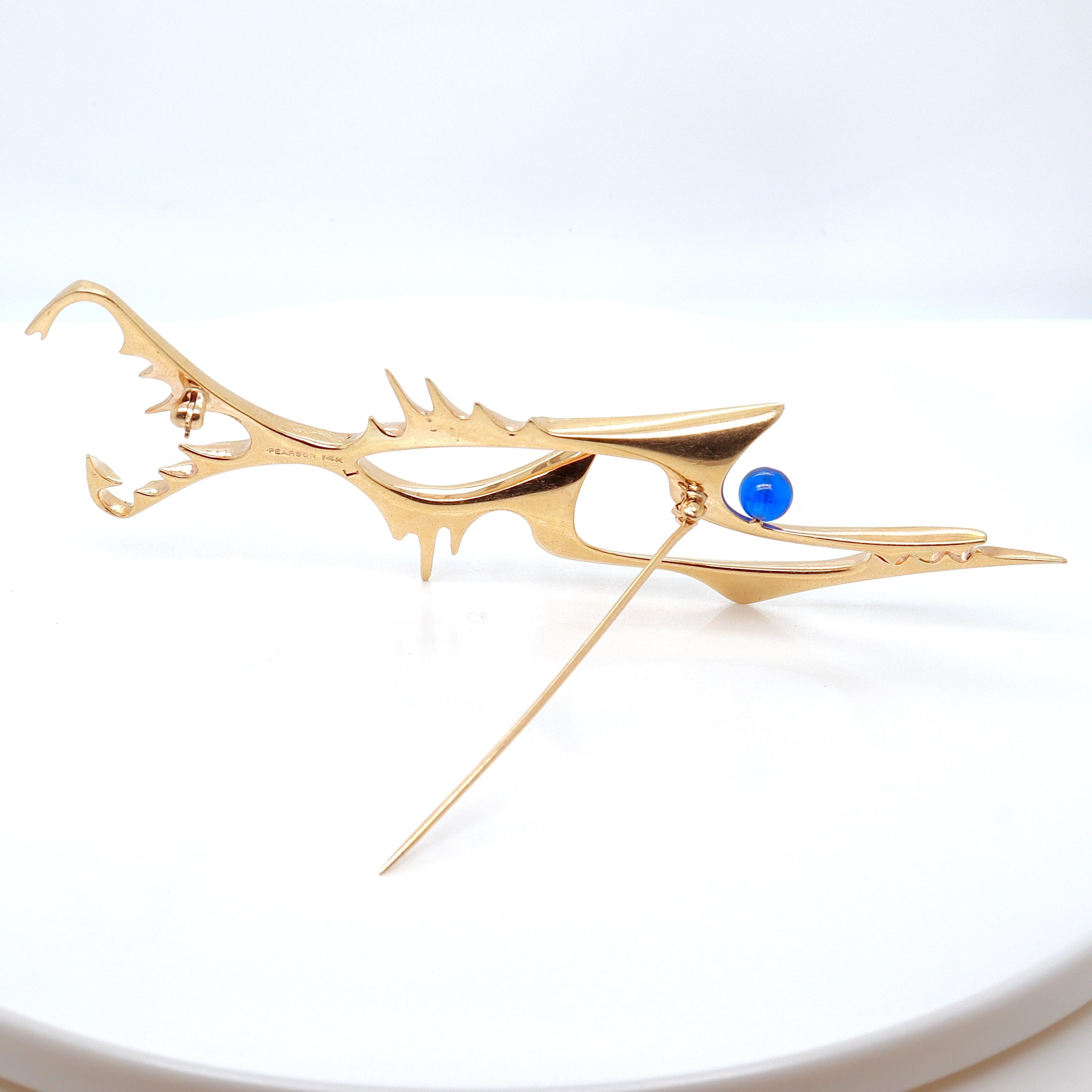 Women's or Men's Mid-Century Modernist Forged 14K Gold & Topaz Brooch by Ronald H. Pearson For Sale