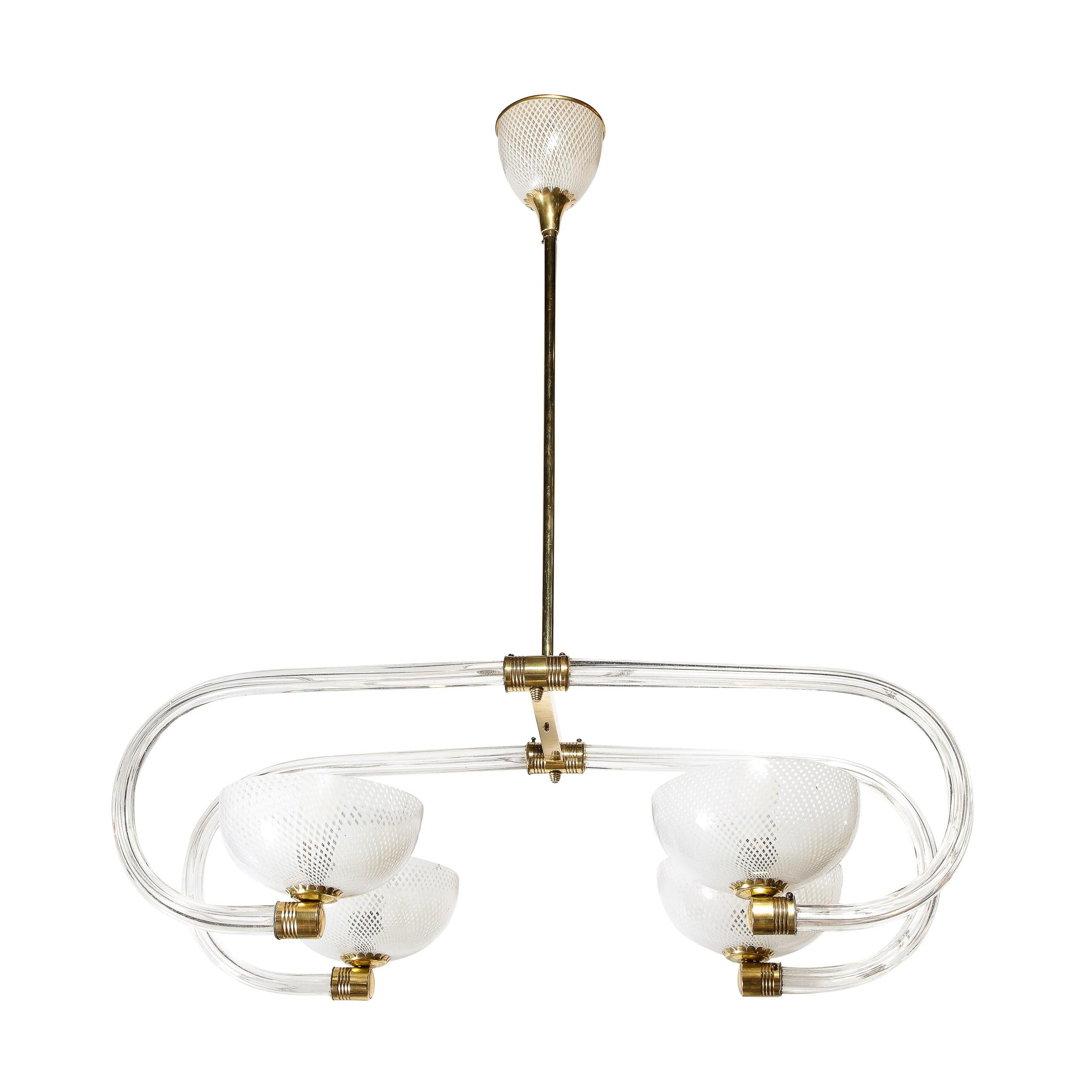 This is a stunning masterpiece of Mid-Century Modernist design, originating from one of the oldest companies on earth, the illustrious Barovier Y Tosso, made in Italy, Circa 1950. This four arm Chandelier features effortlessly sophisticated custom