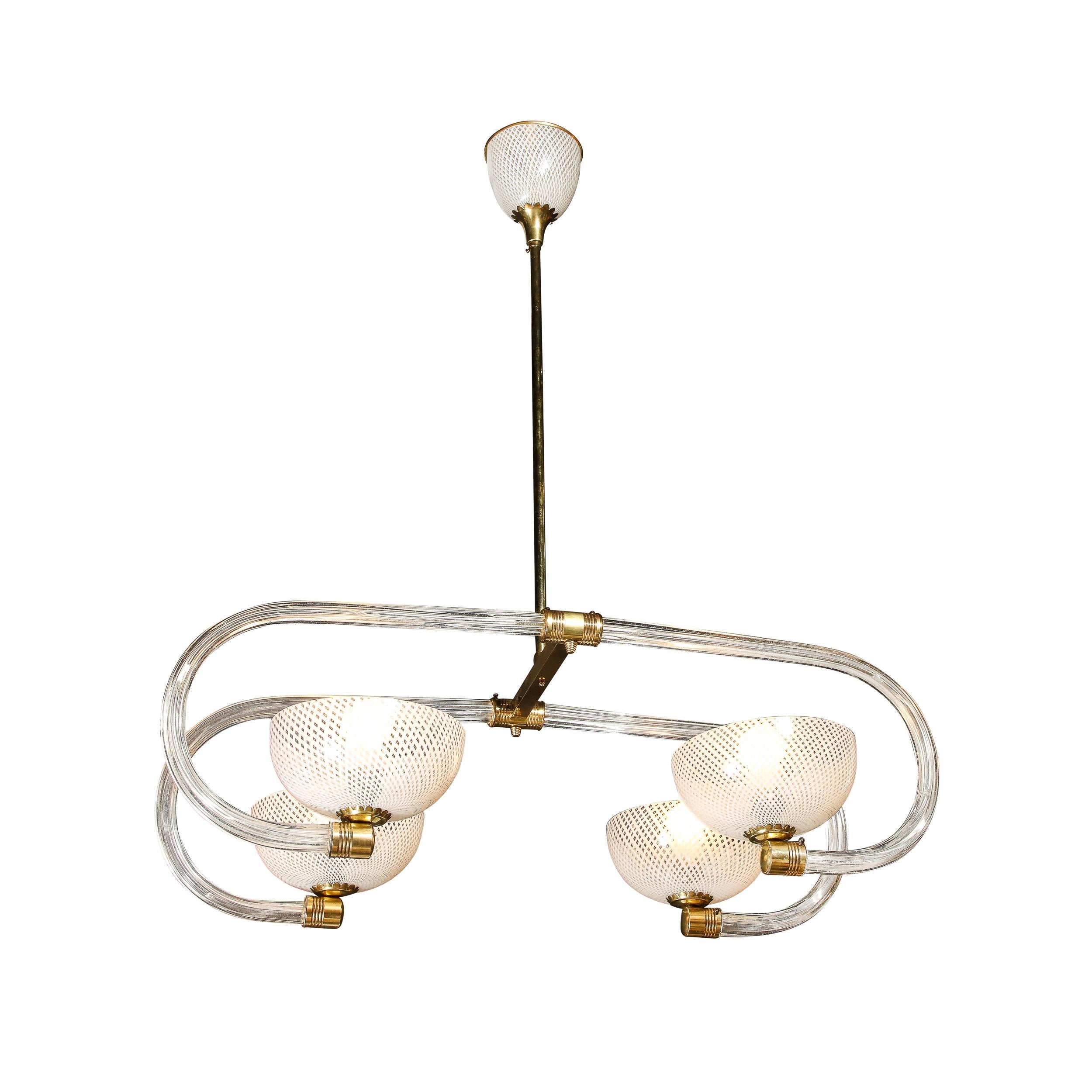 Italian Mid-Century Modernist Four Armed Glass & Brass Chandelier by Barovier & Toso For Sale