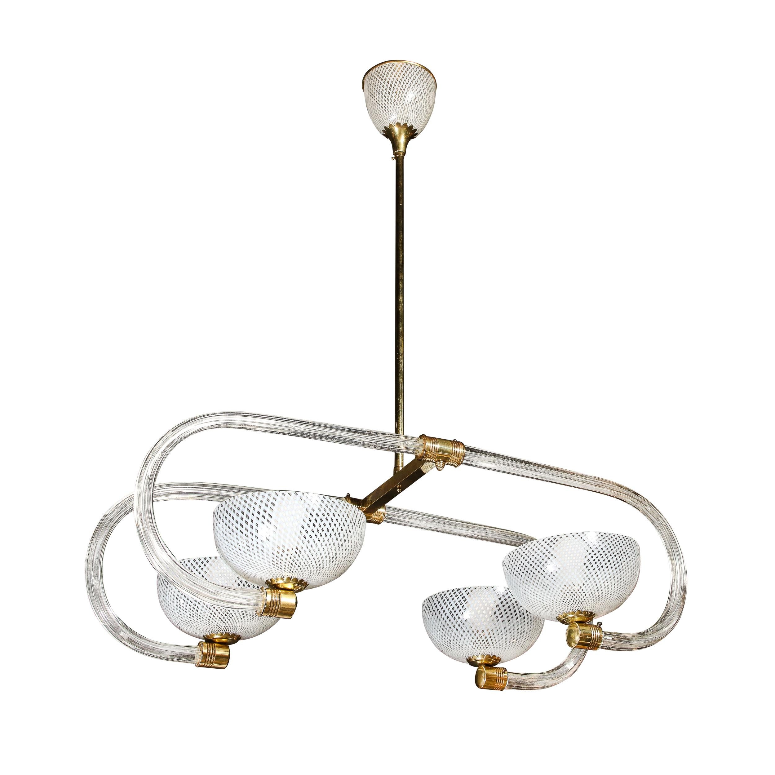 Mid-Century Modernist Four Armed Glass & Brass Chandelier by Barovier & Toso For Sale