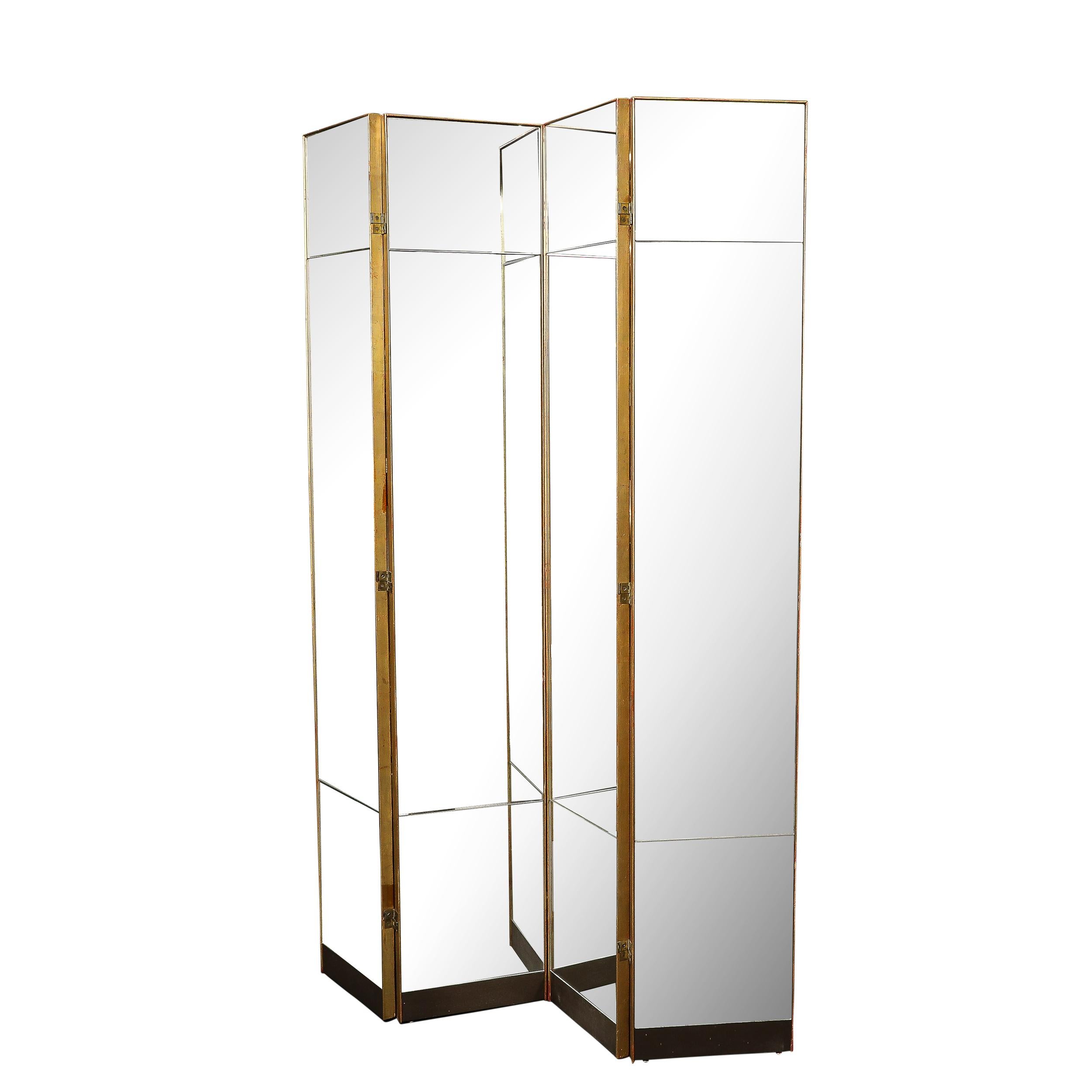 American Mid-Century Modernist Four Panel Mirror Screen w/ Antique Gilt Wood Detailing For Sale