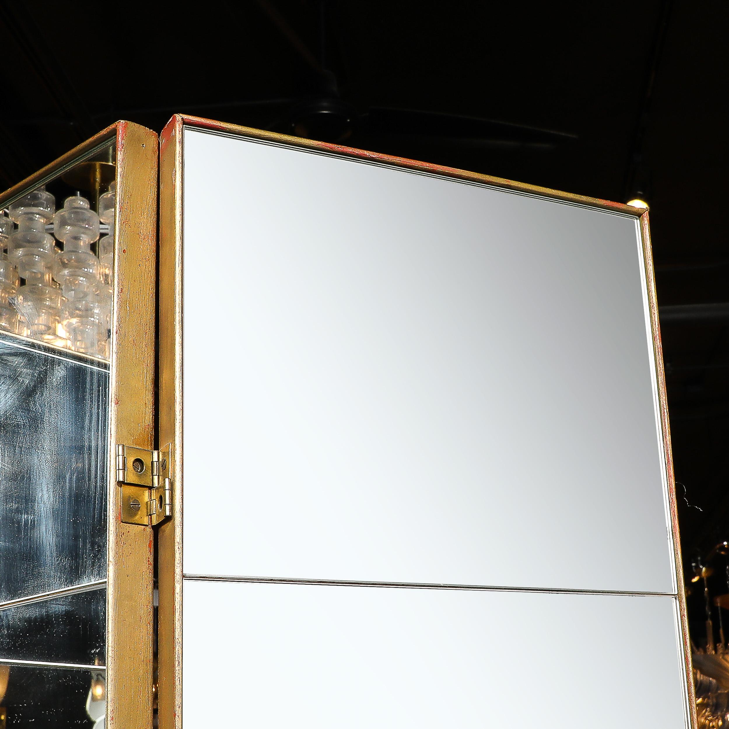 Mid-Century Modernist Four Panel Mirror Screen w/ Antique Gilt Wood Detailing For Sale 1