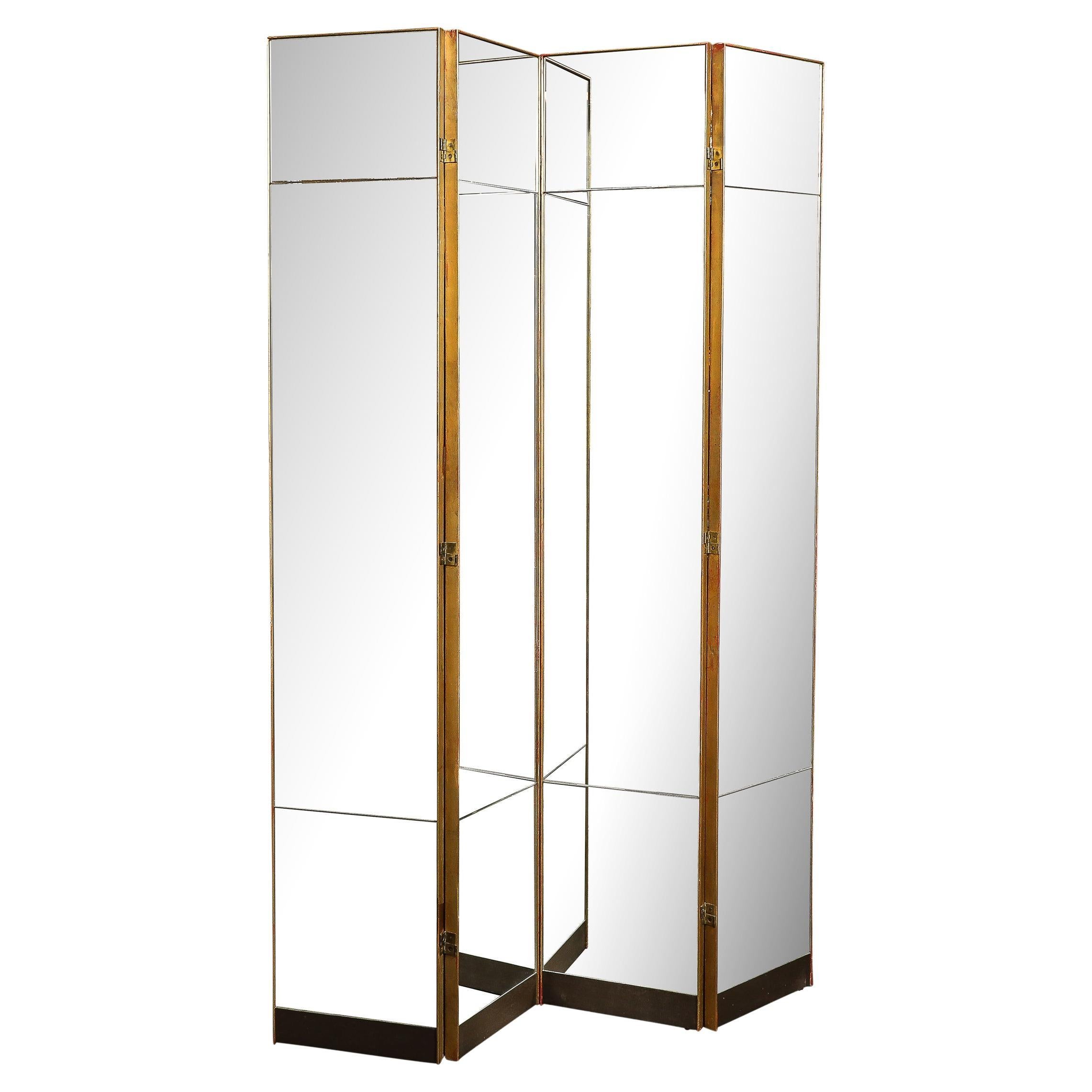 Mid-Century Modernist Four Panel Mirror Screen w/ Antique Gilt Wood Detailing For Sale