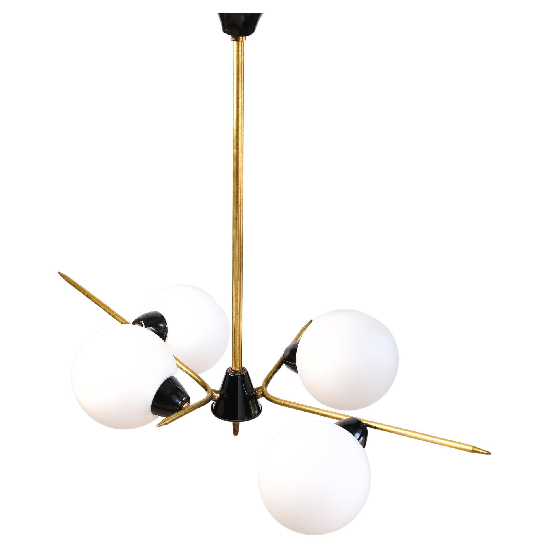 Mid-Century Modernist French Brass & Opaline Glass Chandelier, 1950s For Sale