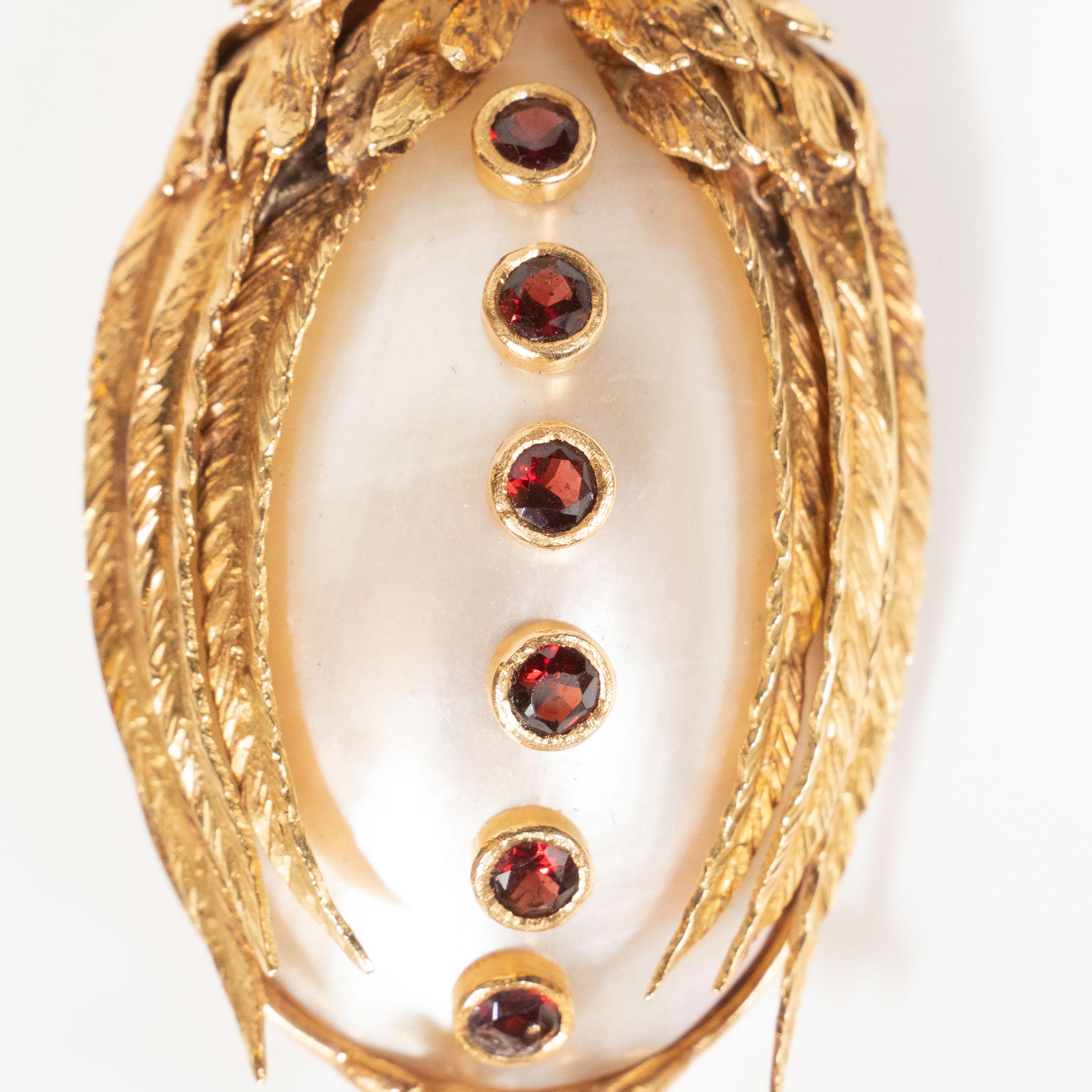 Women's Midcentury Modernist Freshwater Pearl Garnet Gold Owl