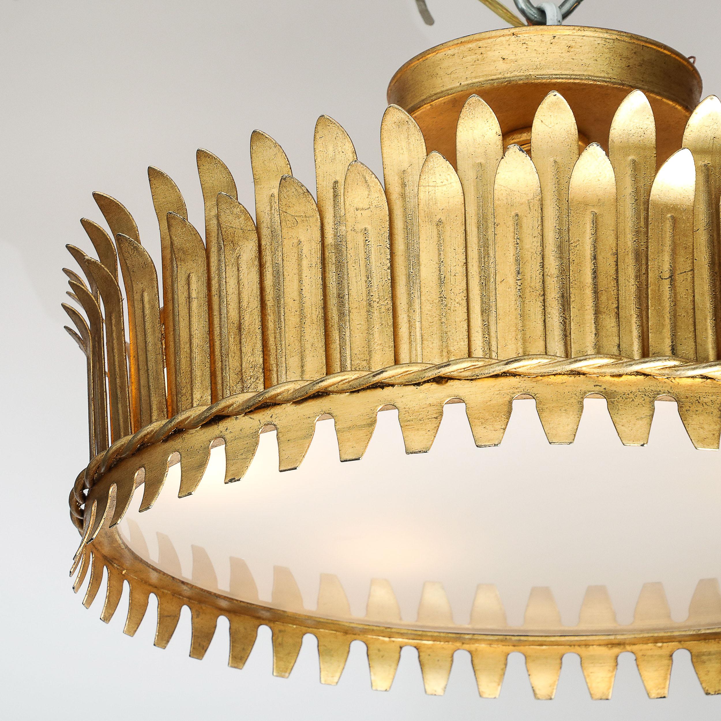 Mid-Century Modernist Geometric Feather Form Brass & Frosted Glass Flush Mount For Sale 5