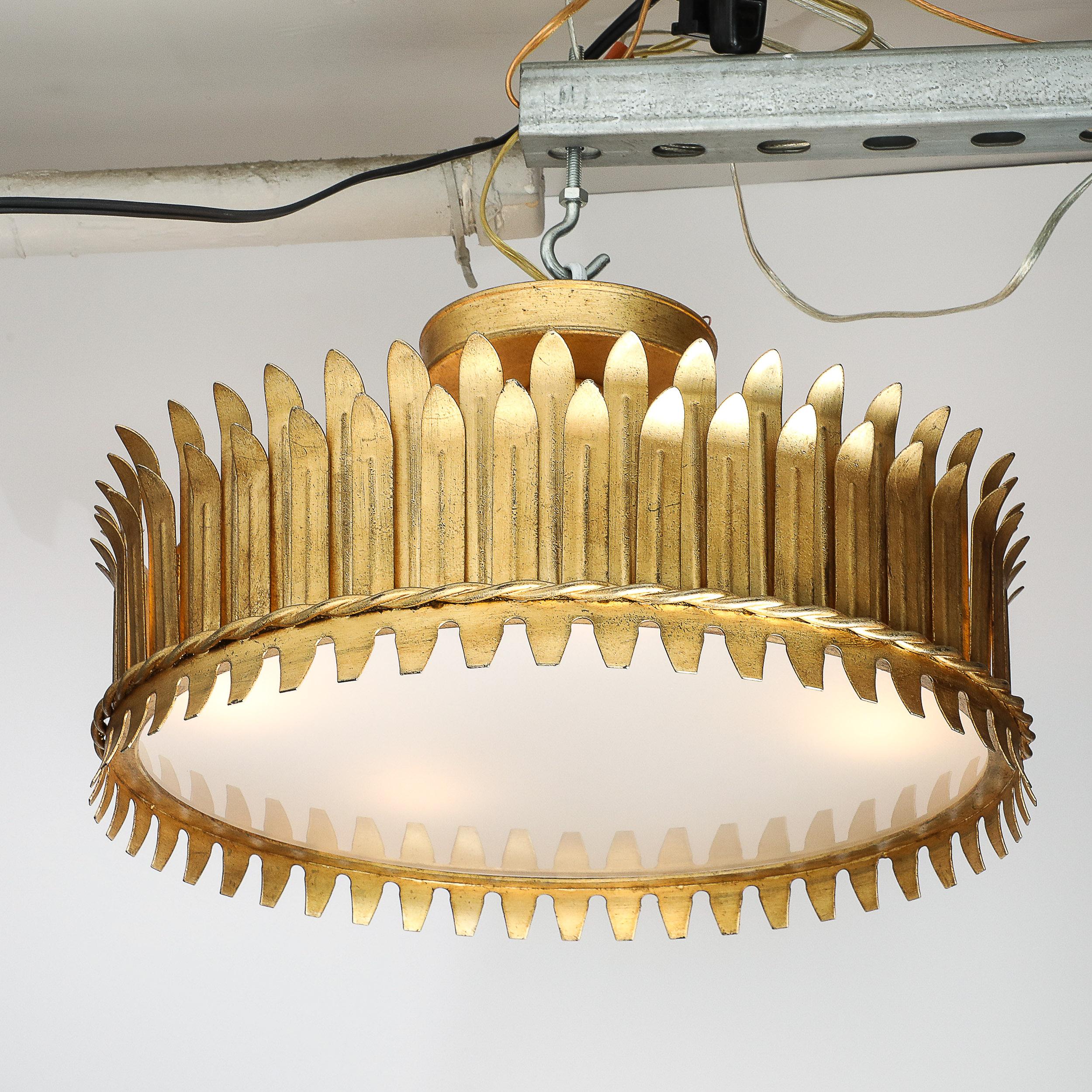 Mid-Century Modernist Geometric Feather Form Brass & Frosted Glass Flush Mount For Sale 6