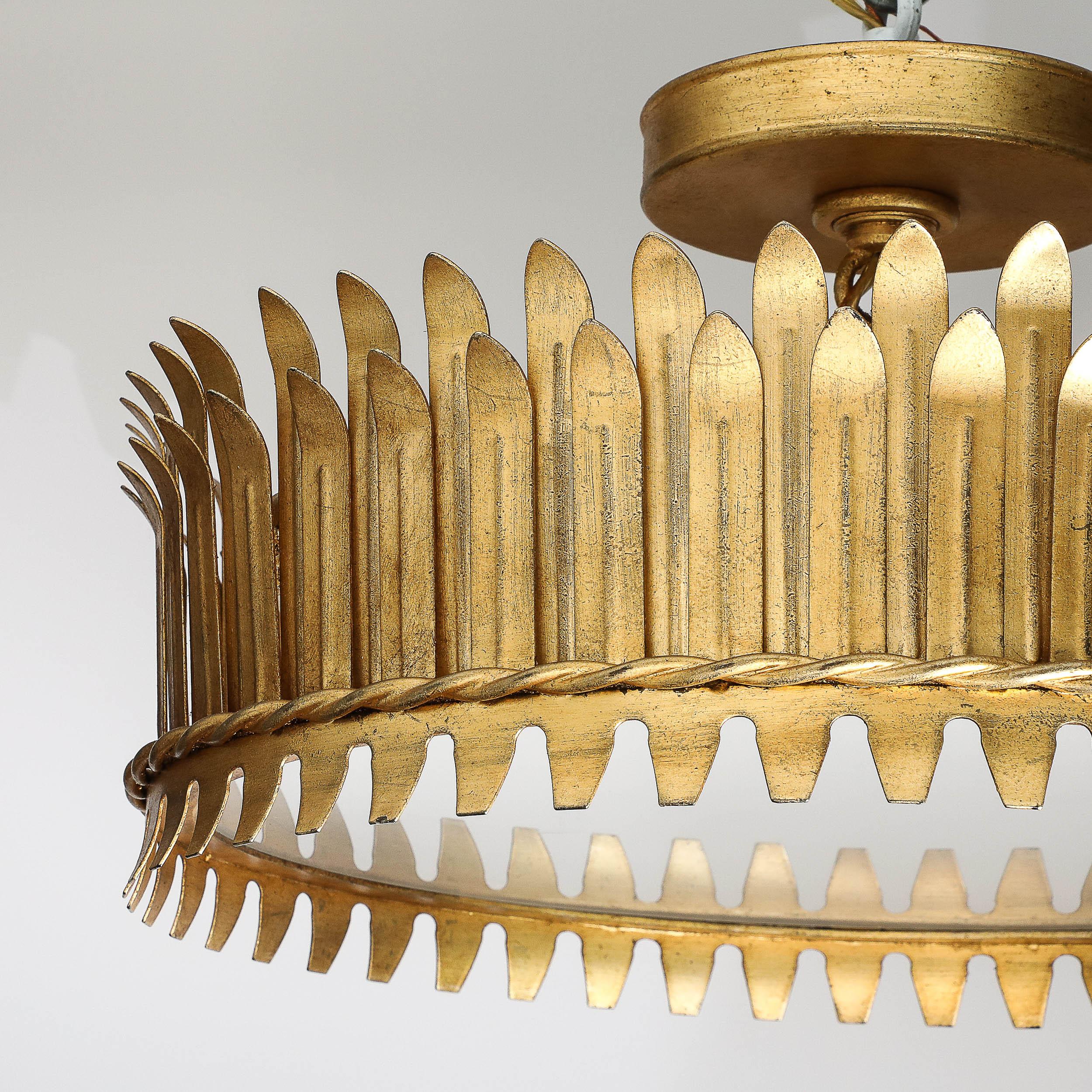 Mid-Century Modernist Geometric Feather Form Brass & Frosted Glass Flush Mount For Sale 7