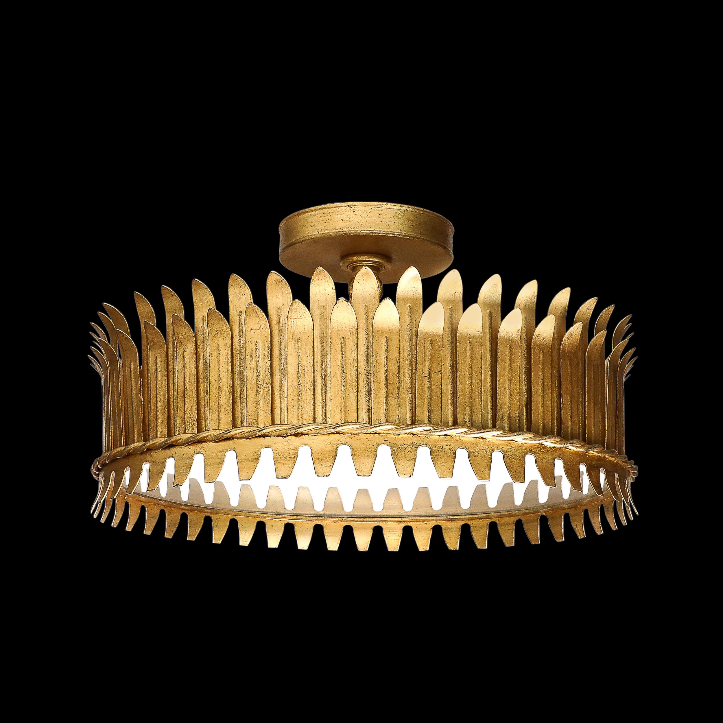 This glamorous and dynamic Mid-Century Modernist Geometric Feather Form Flush Mount Chandelier in Brass & Frosted Glass originates from the United States, Circa 1960. This piece features a cylindrical body with crenelated top and bottom edges