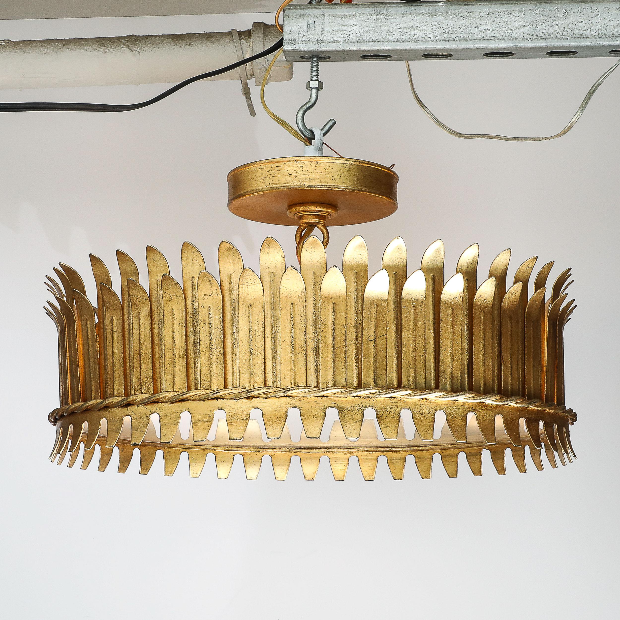 American Mid-Century Modernist Geometric Feather Form Brass & Frosted Glass Flush Mount For Sale