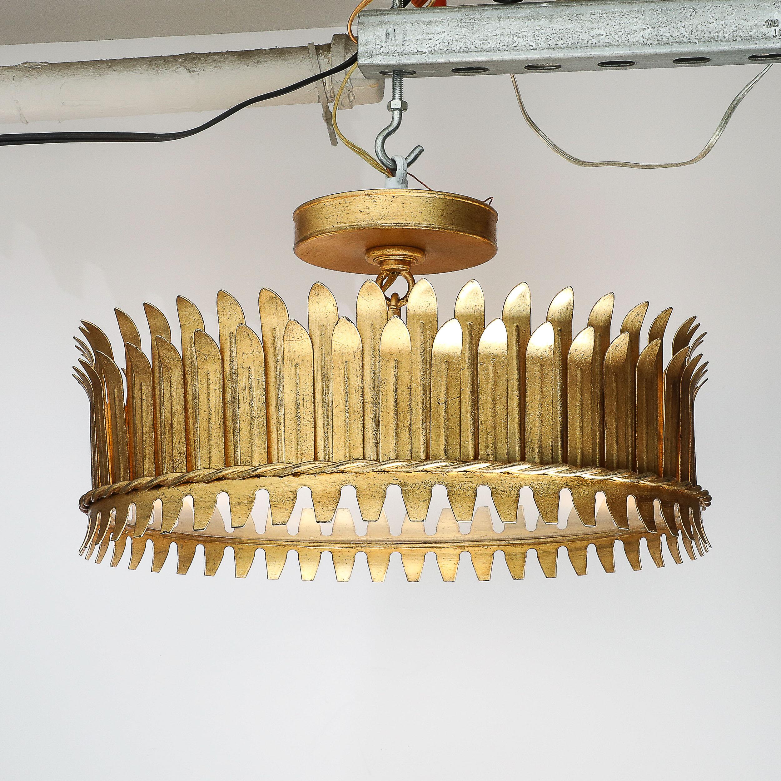 Mid-Century Modernist Geometric Feather Form Brass & Frosted Glass Flush Mount In Excellent Condition For Sale In New York, NY