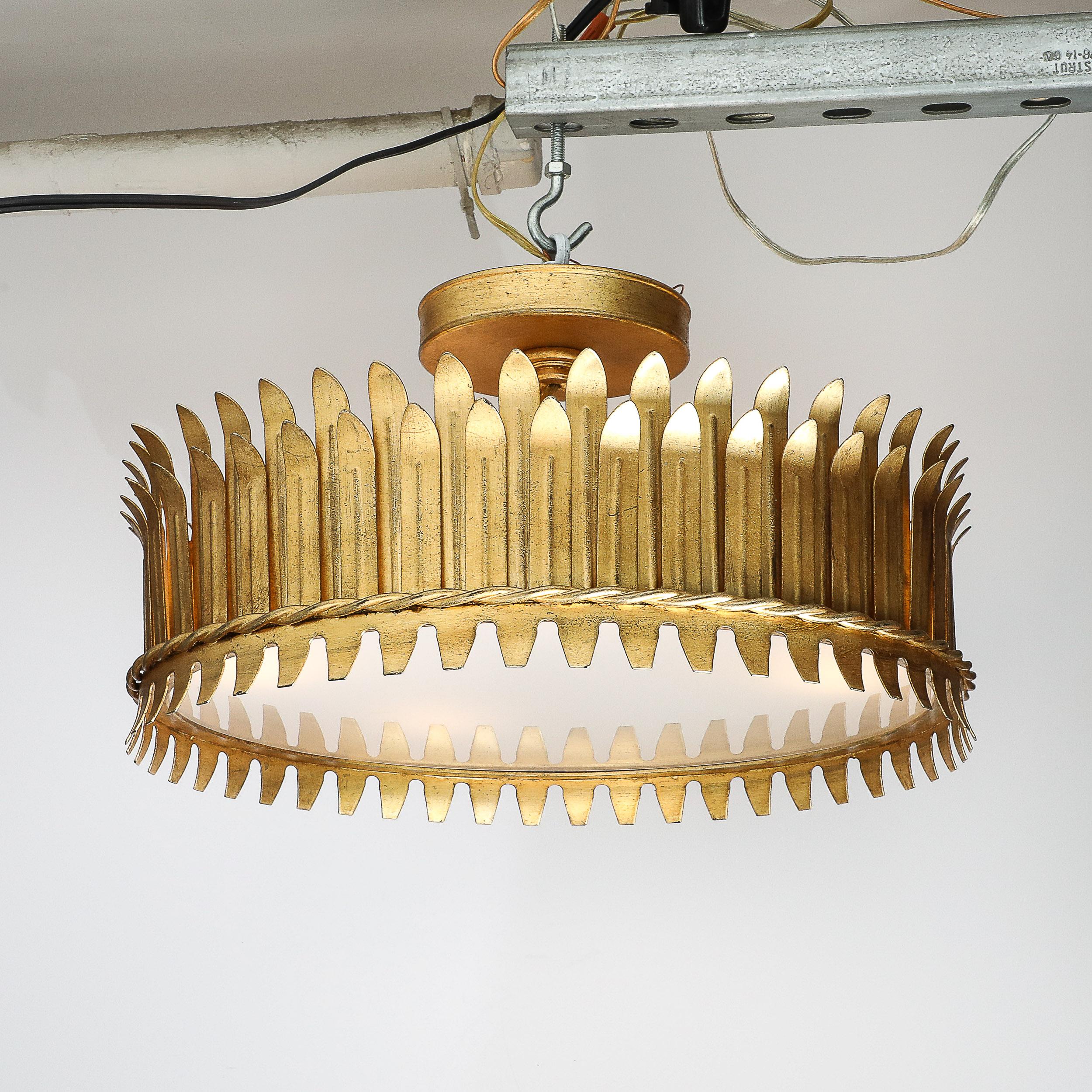 Mid-20th Century Mid-Century Modernist Geometric Feather Form Brass & Frosted Glass Flush Mount For Sale