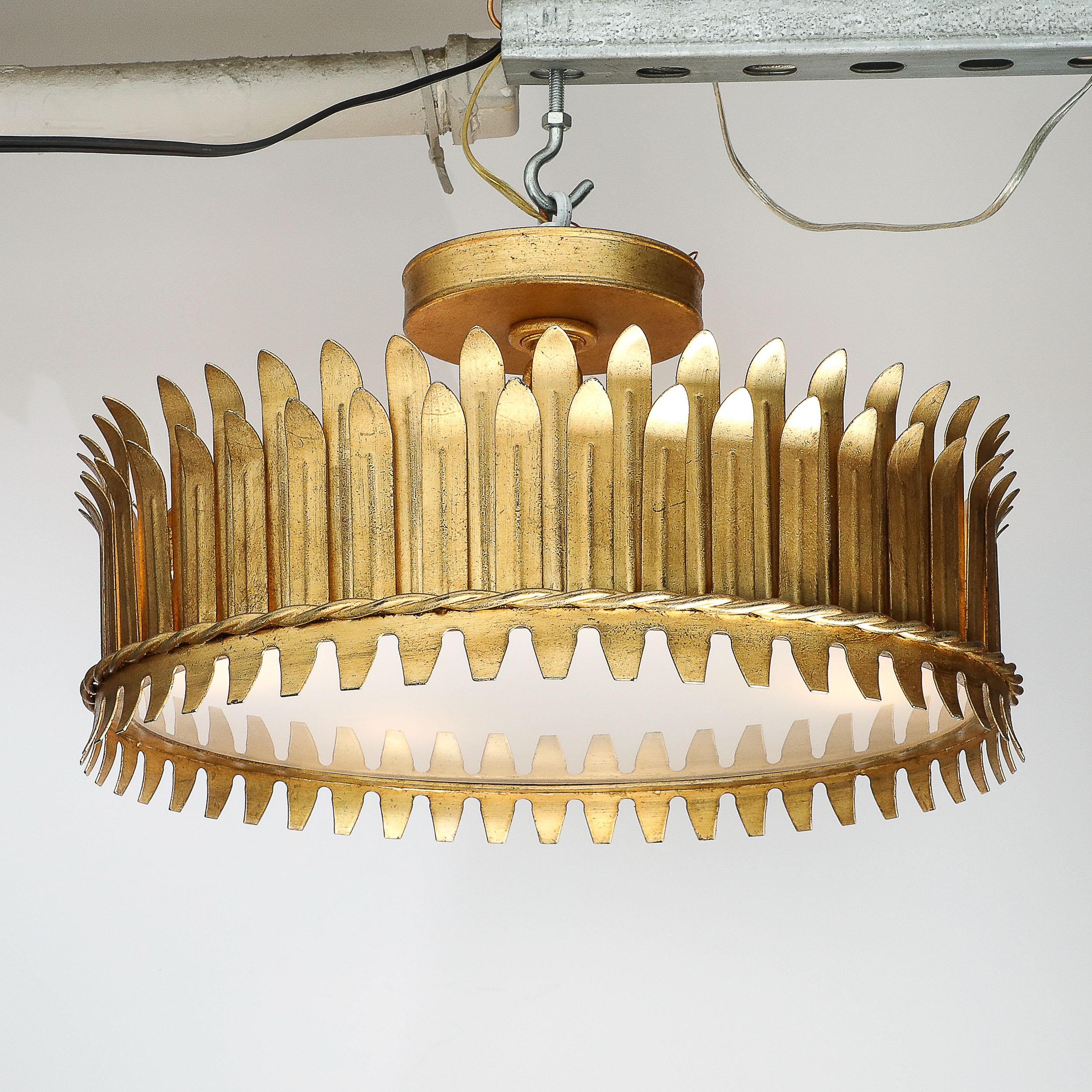 Mid-Century Modernist Geometric Feather Form Brass & Frosted Glass Flush Mount For Sale 1