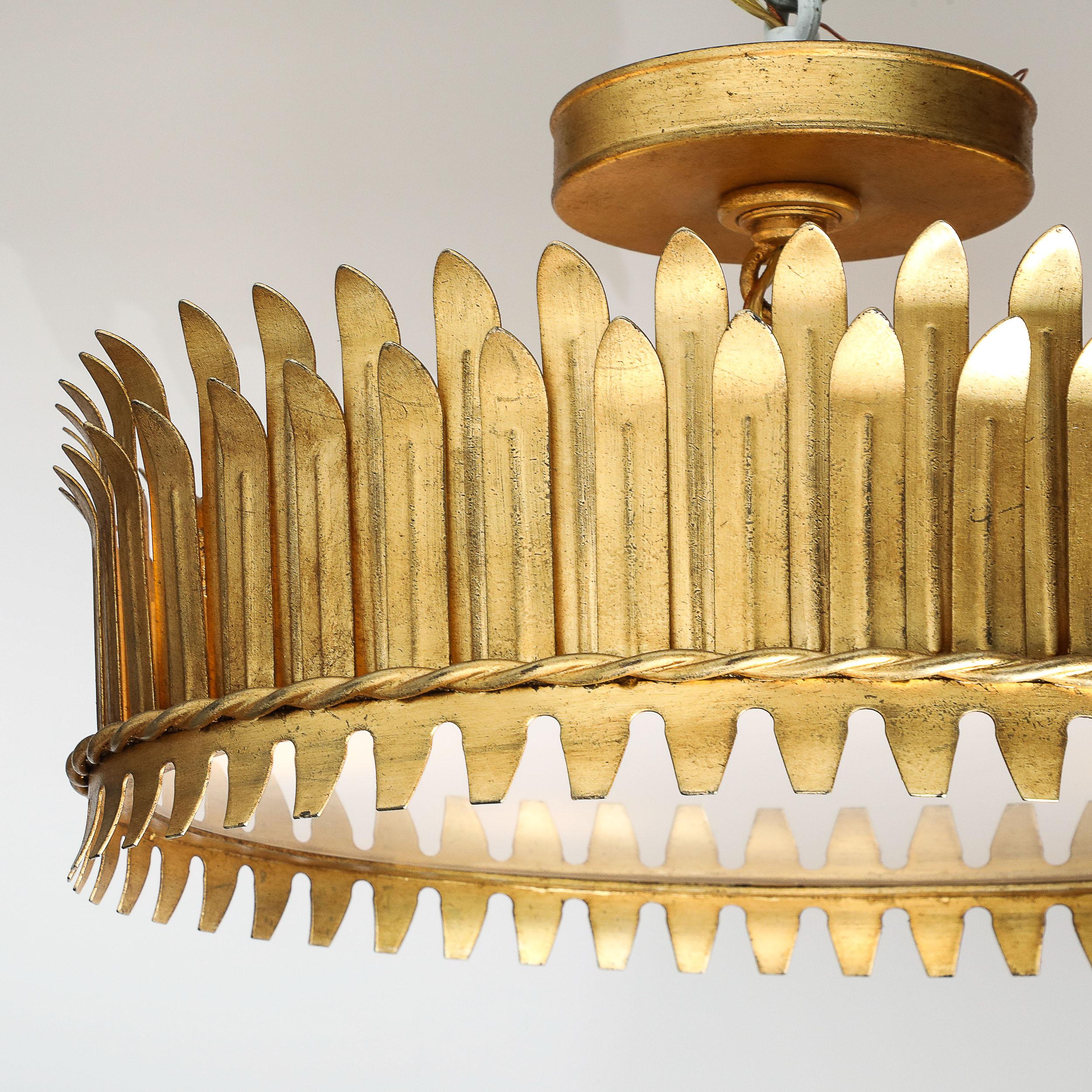 Mid-Century Modernist Geometric Feather Form Brass & Frosted Glass Flush Mount For Sale 2